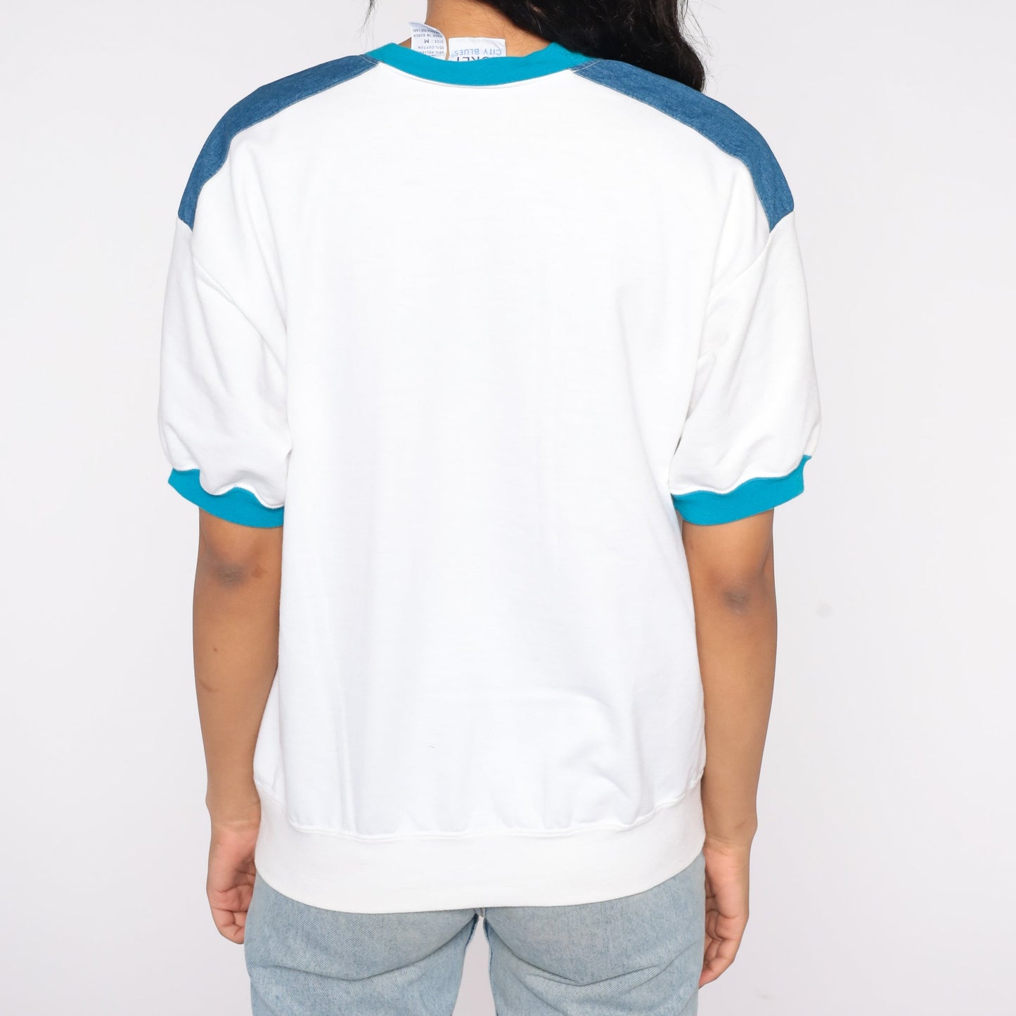 80s Southwestern Geometric Wave Ringer Tee Denim Shoulder Medium