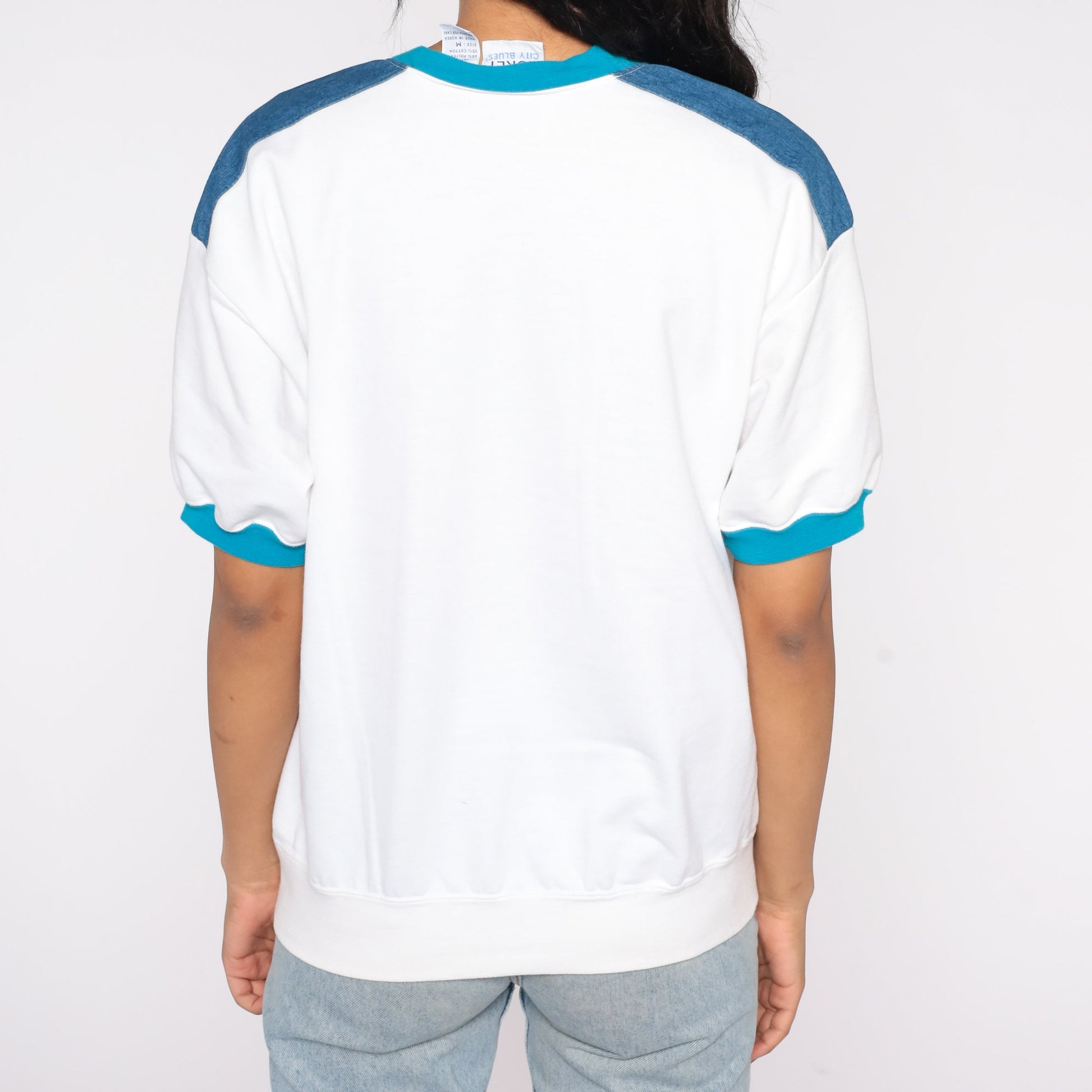 80s Southwestern Geometric Wave Ringer Tee Denim Shoulder Medium