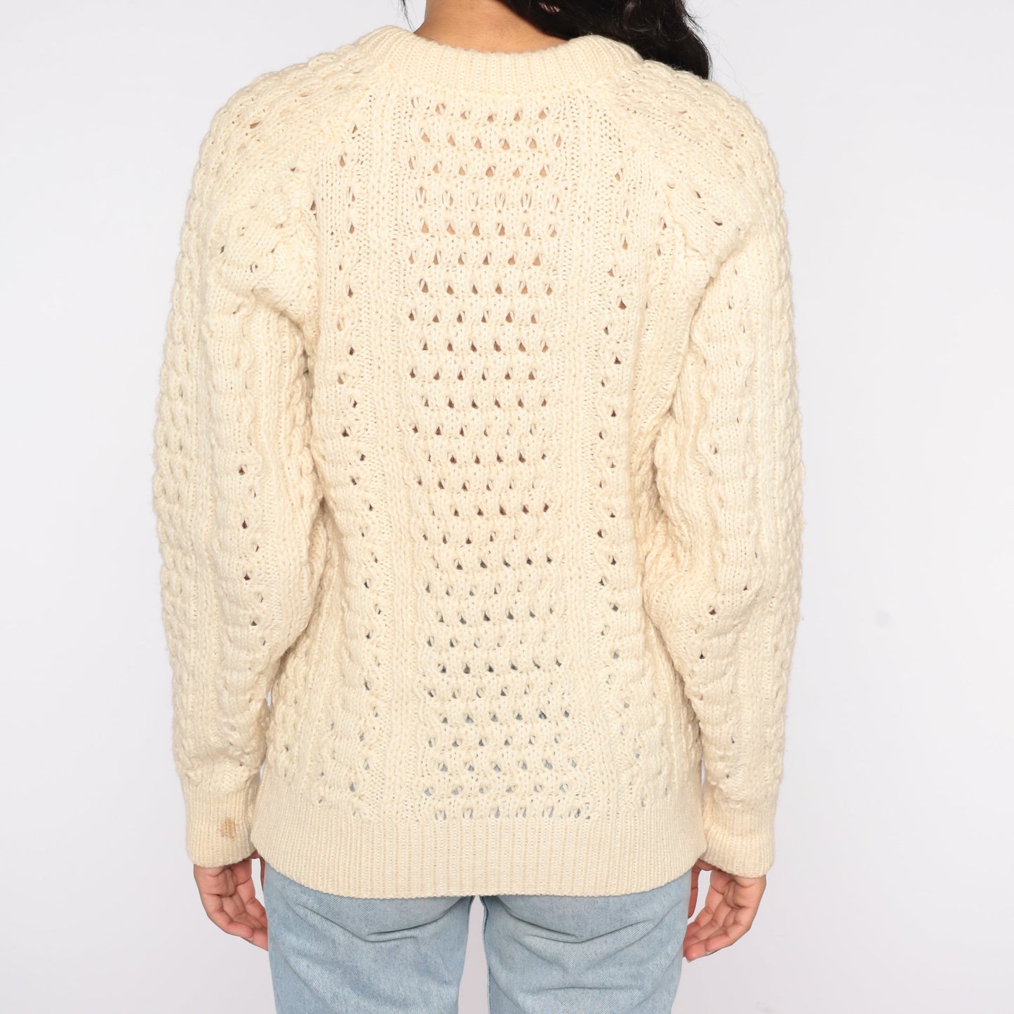80s Cream Wool Cable Knit Raglan Sweater Fisherman Pullover Medium