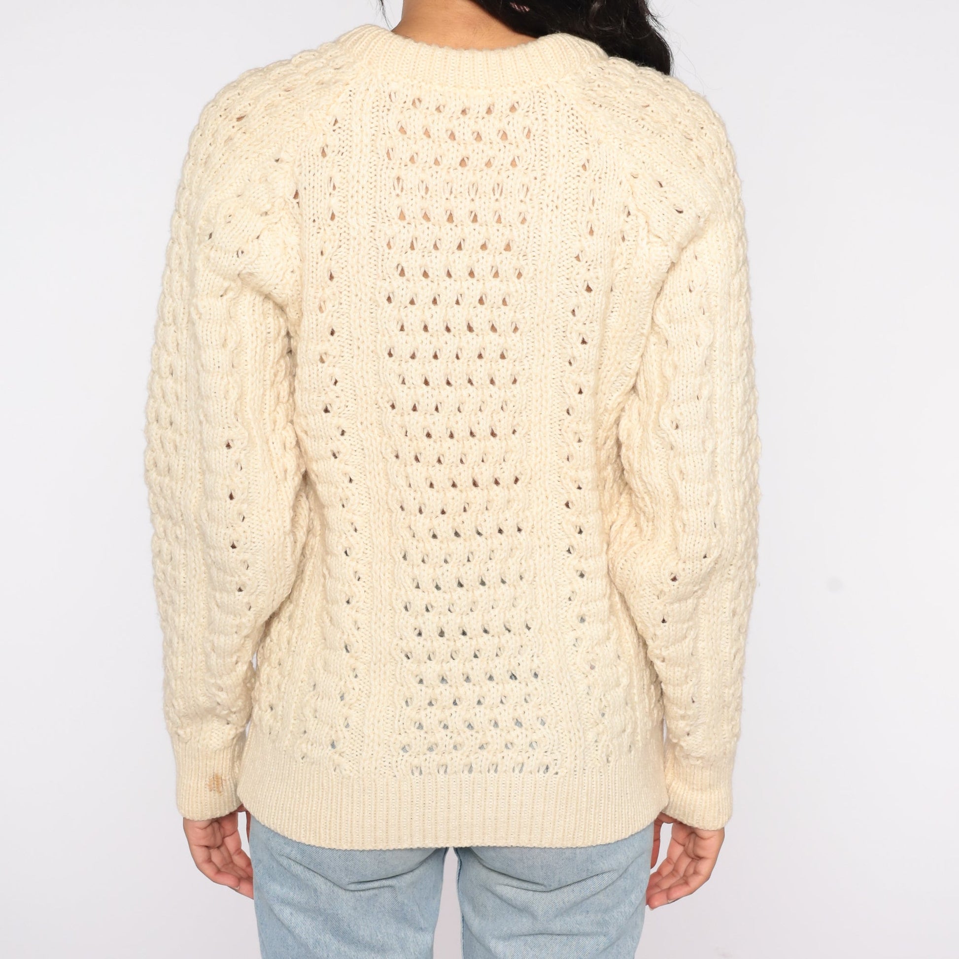 80s Cream Wool Cable Knit Raglan Sweater Fisherman Pullover Medium