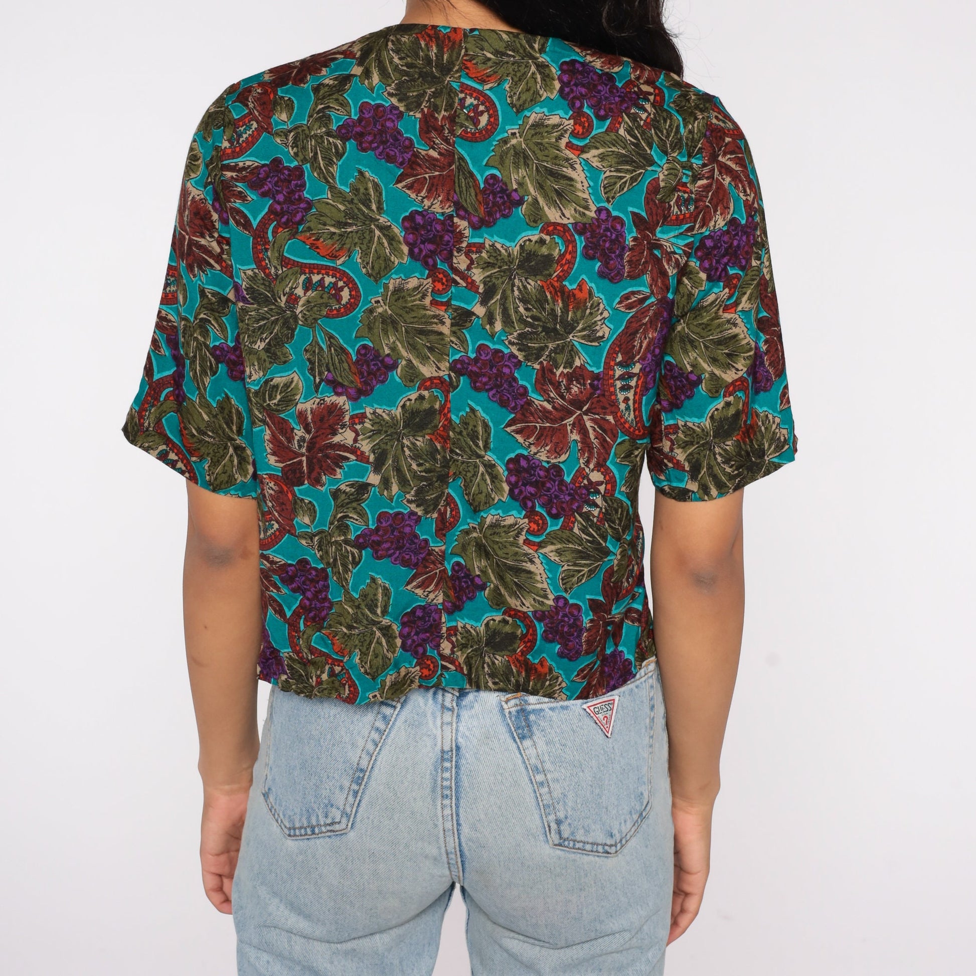 90s Paisley Grape Vine Button-Up Blouse Short Sleeve Purple Small