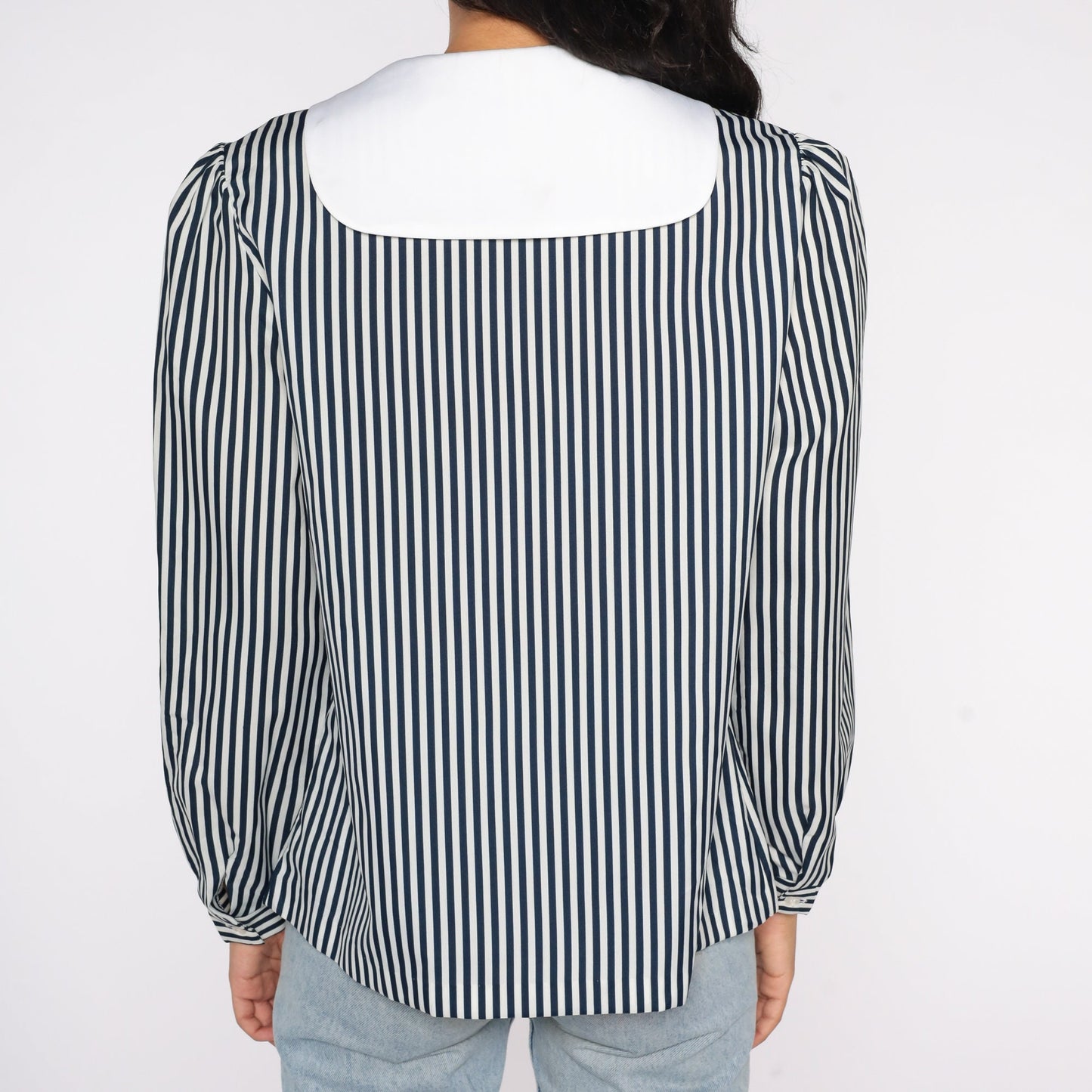 80s Striped Sailor Collar Blouse Ascot Bow Puff Sleeve Button Up Medium