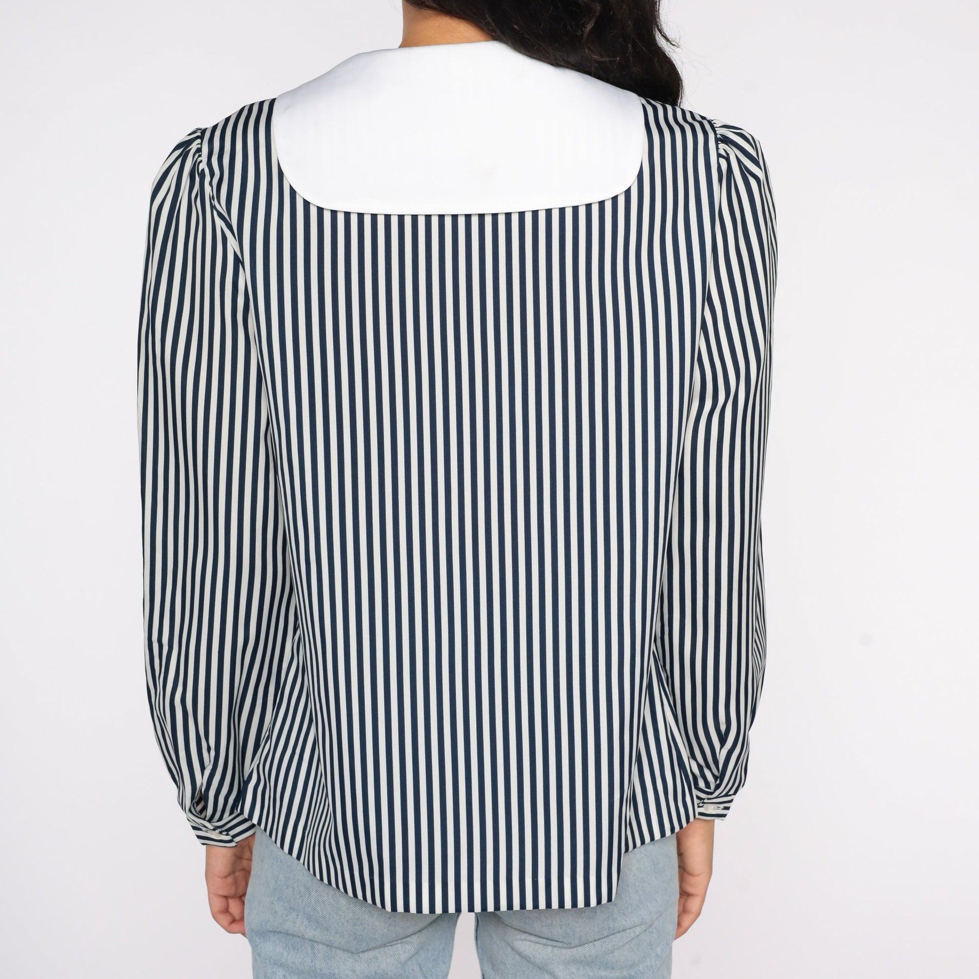 80s Striped Sailor Collar Blouse Ascot Bow Puff Sleeve Button Up Medium