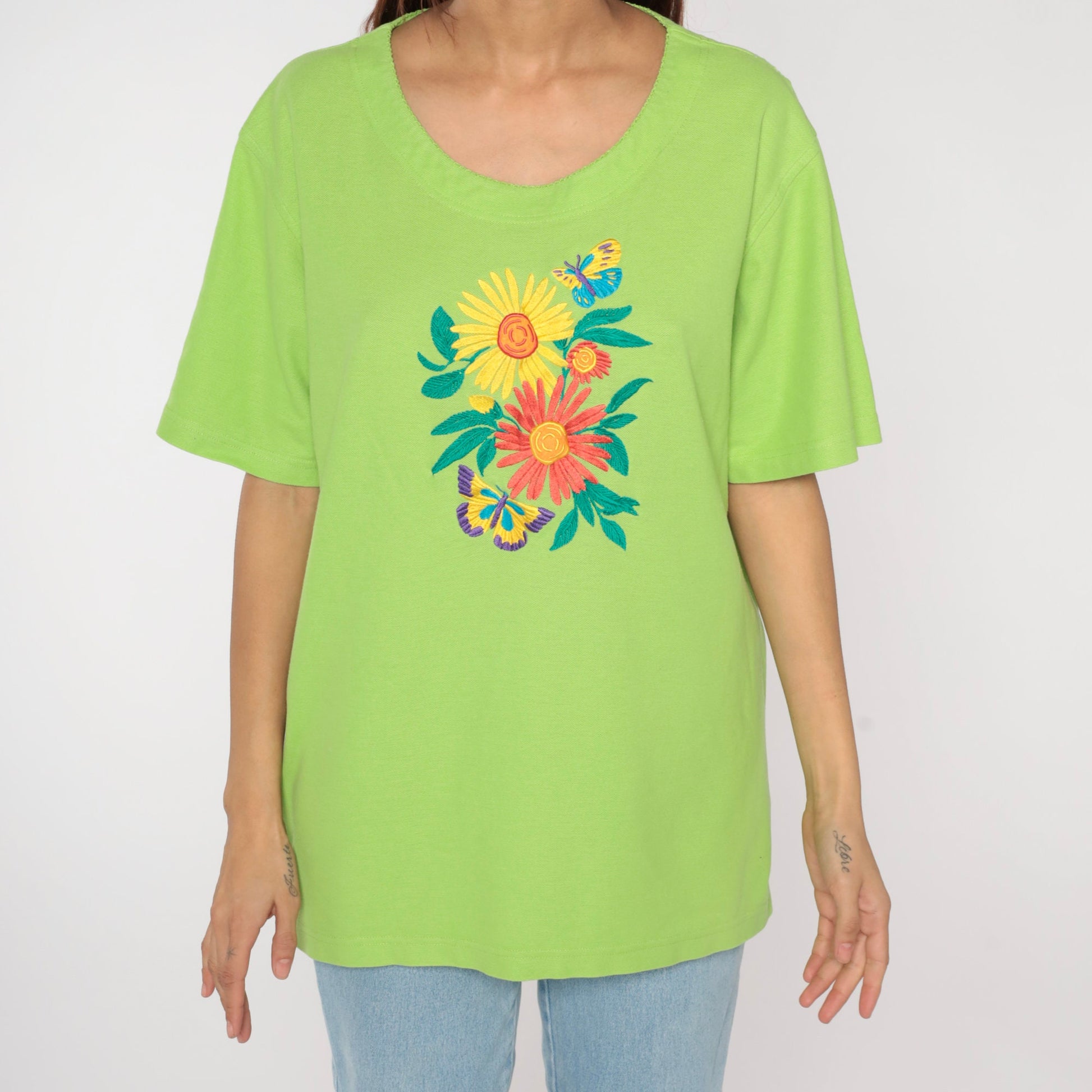 90s Lime Green Embroidered Butterfly Floral Woven Shirt Large