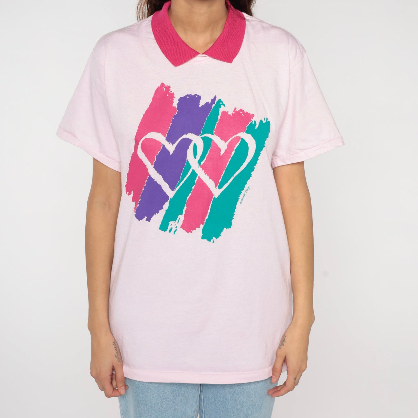 90s Heart Print Collared T-Shirt Baby Pink Graphic Tee Medium