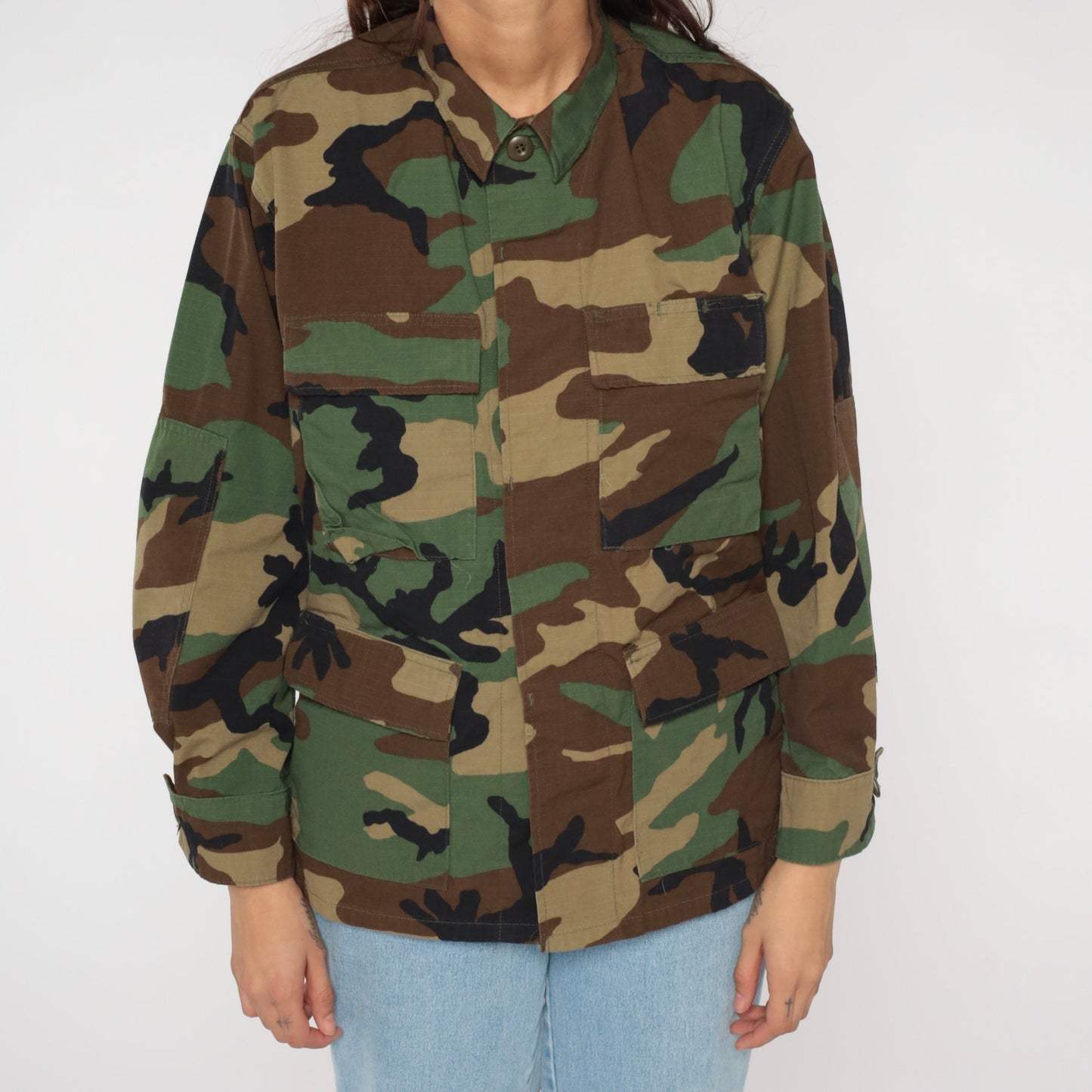 90s US Army Camouflage Button-Up Shirt Green Cargo Pockets Small