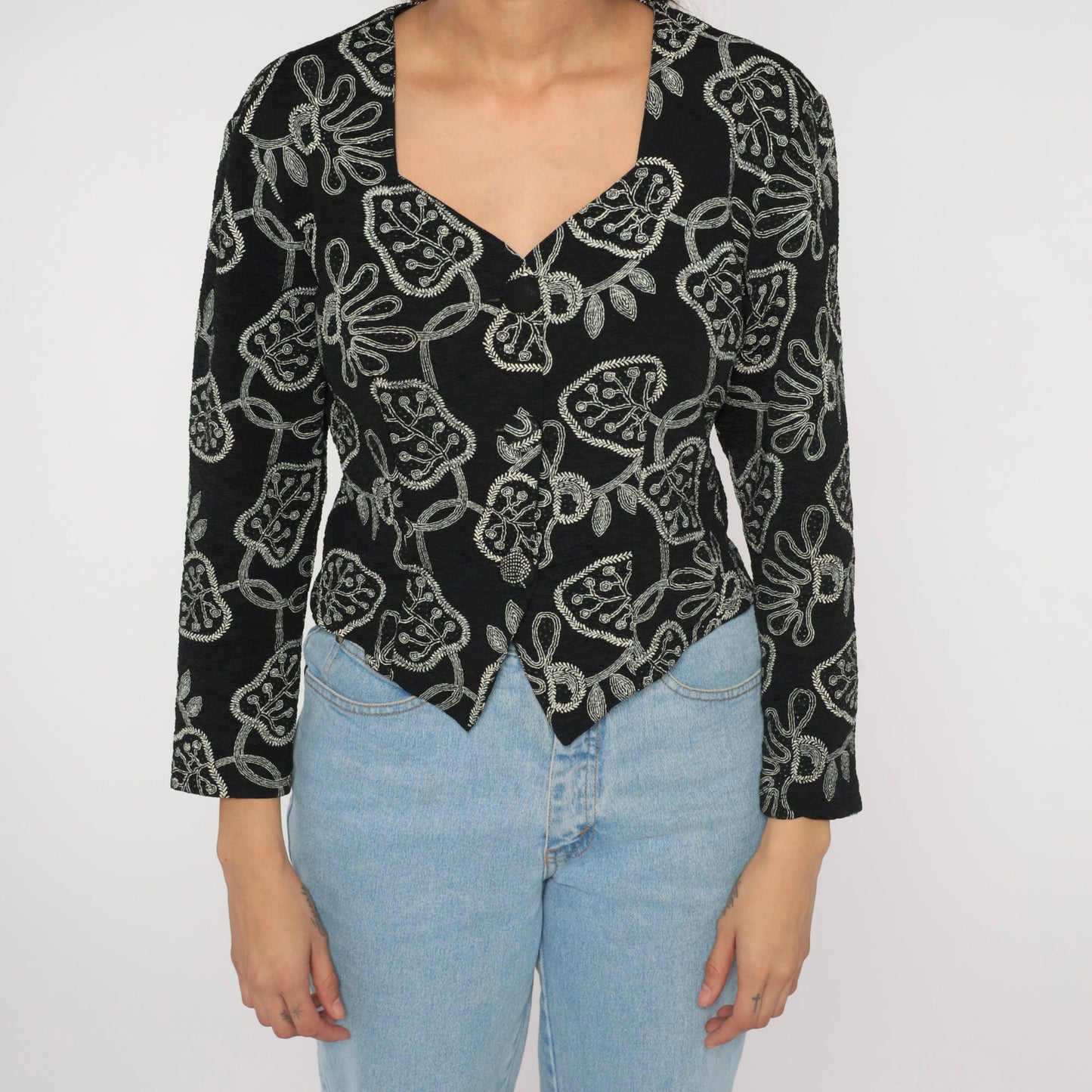 90s Black Leaf Print Button-Up Blouse Long Sleeve Abstract Shirt Medium