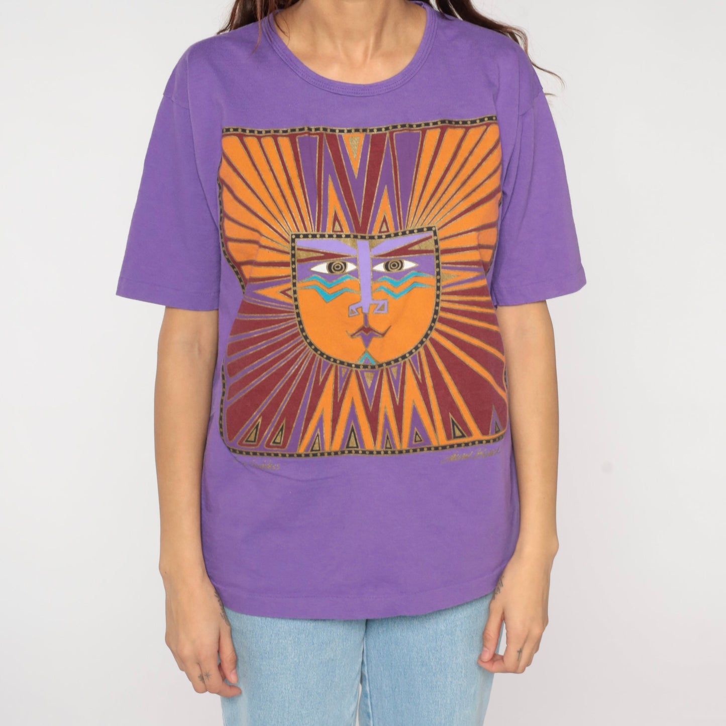 90s Laurel Burch Sun God Graphic T-Shirt Purple Cotton Medium