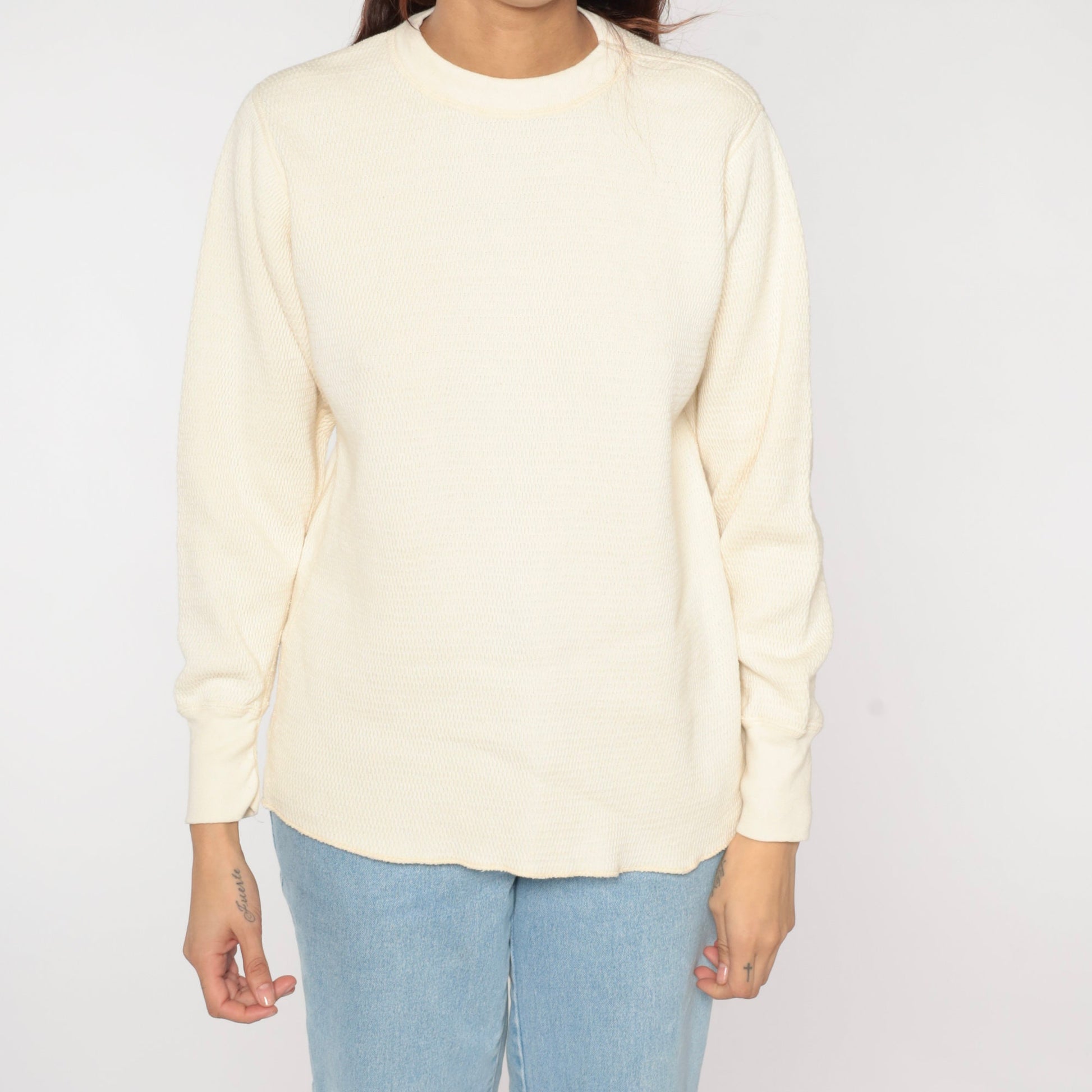 80s Off-White Thermal Waffle Knit Long Sleeve Shirt Cotton Large