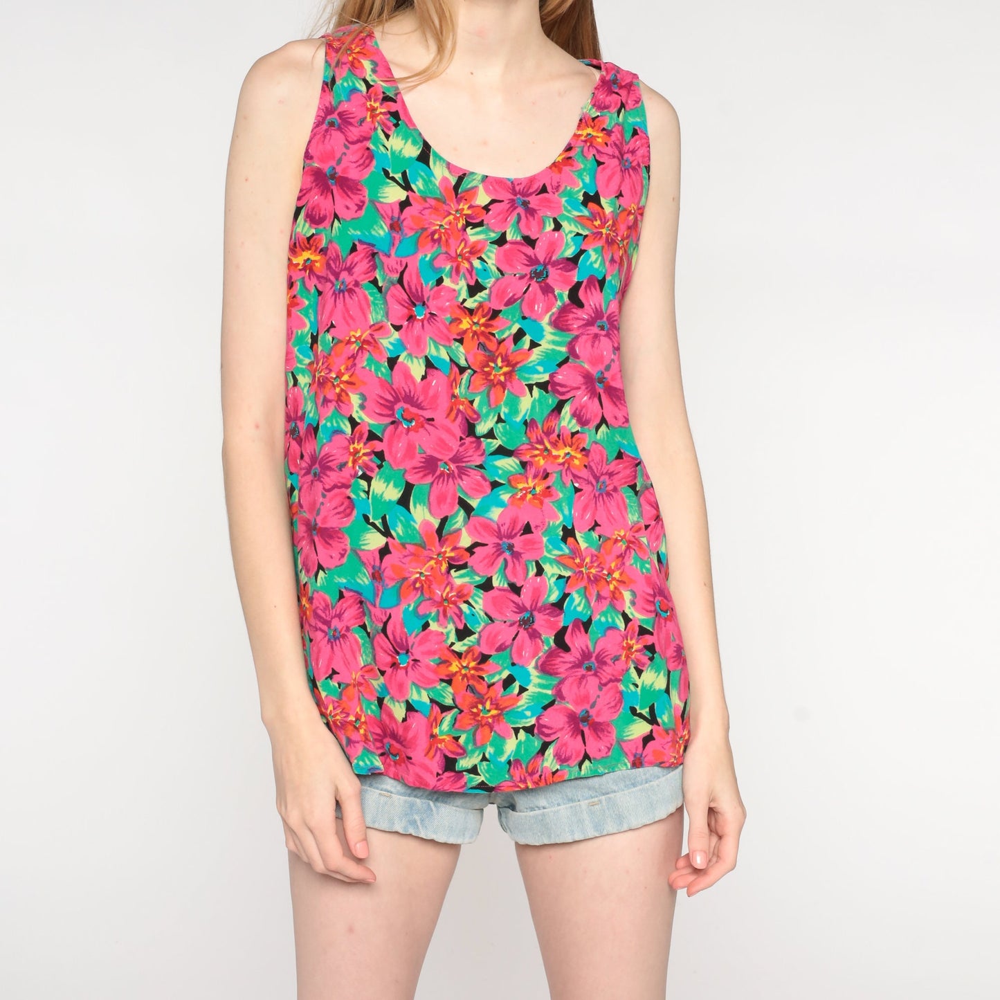 90s Floral Rayon Tank Top Tropical Print Pink Green Large