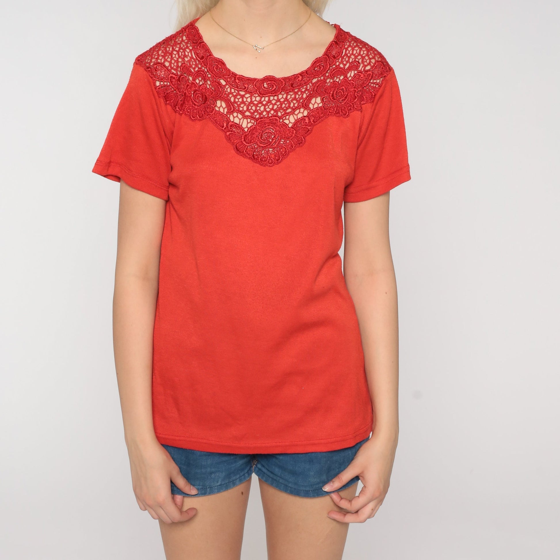 90s Red Crochet Trim Short Sleeve Blouse Cotton Medium M