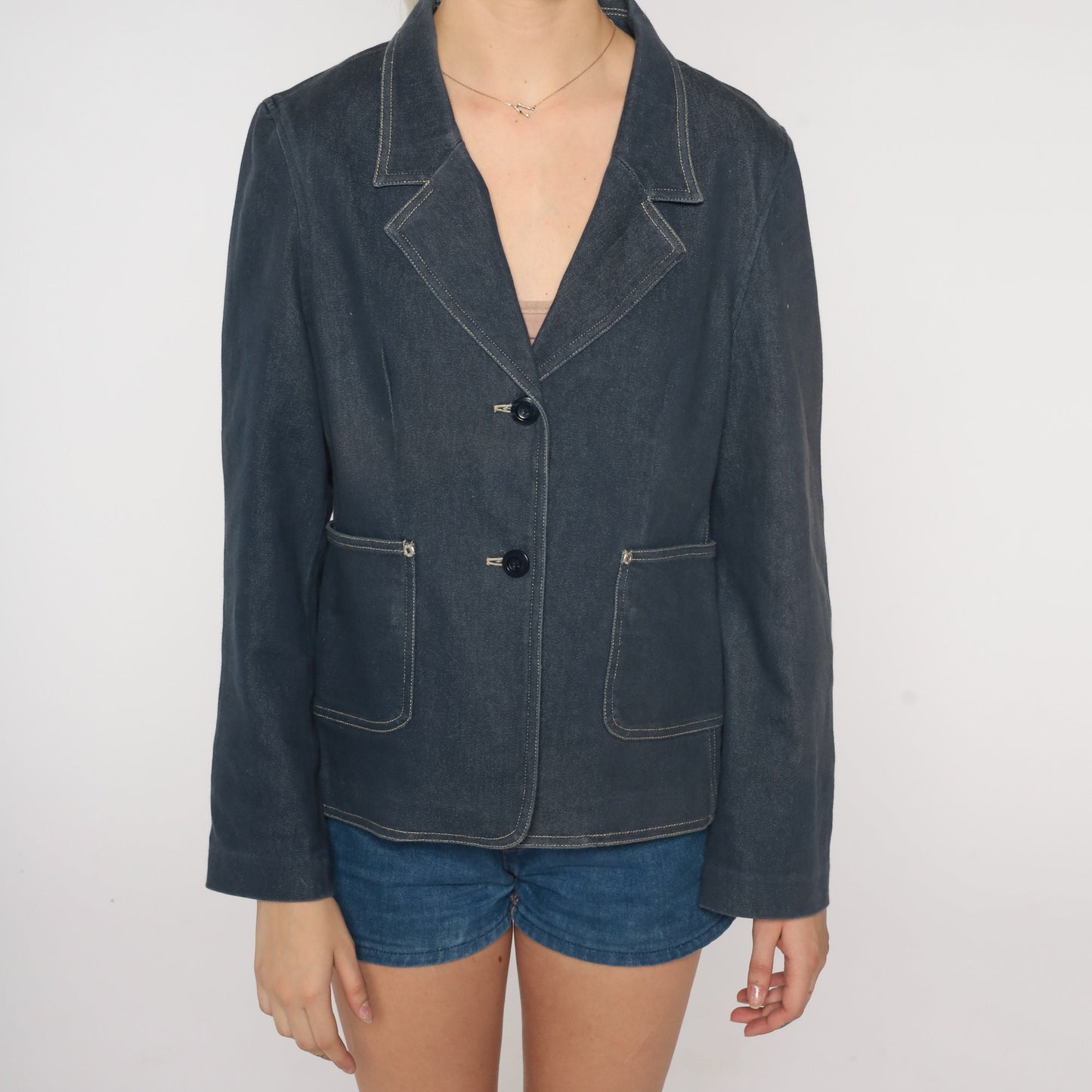 90s Blue Stretch Denim Blazer Jacket Collared Button-Up Large