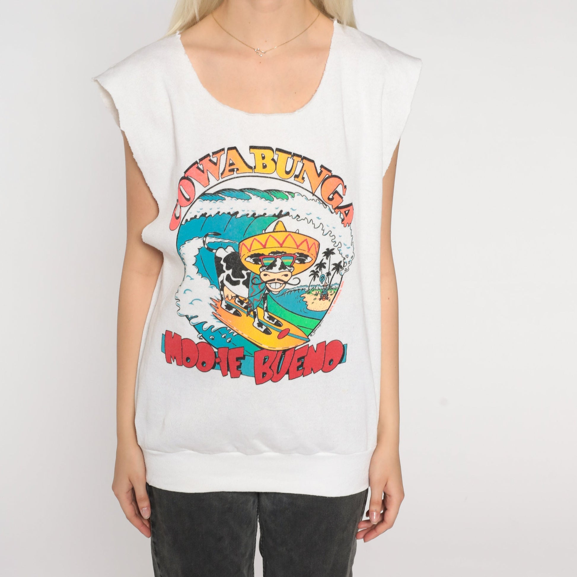 80s Surfing Cow Graphic Tank Top Cowabunga Cutoff Muscle Tee White Medium