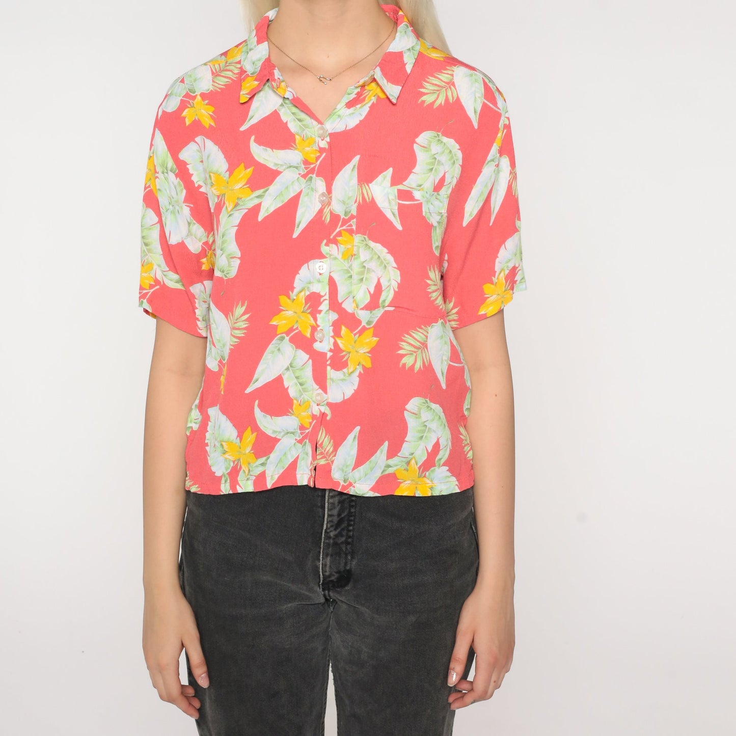 90s Hawaiian Shirt Faded Red Tropical Floral Button Up Small
