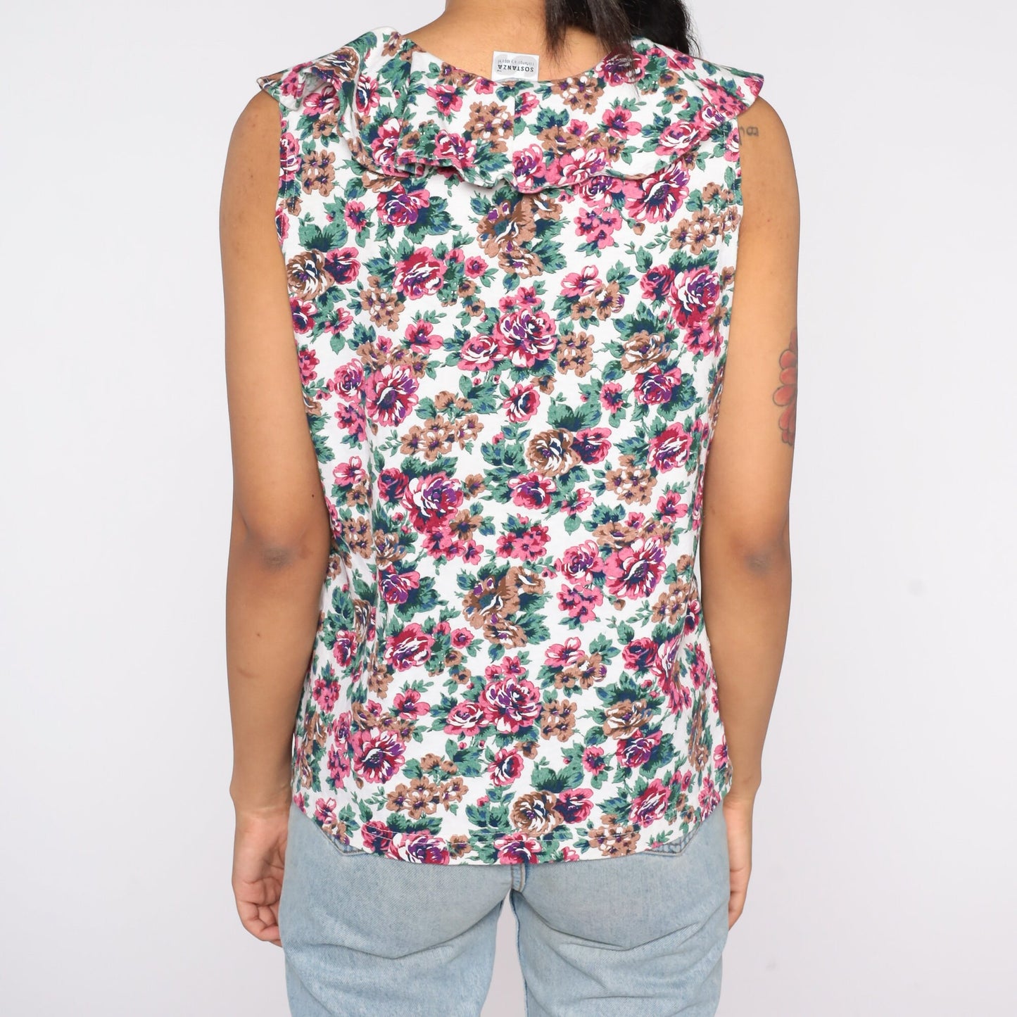 90s Floral Tank Top Ruffled Keyhole Sleeveless Blouse Medium M