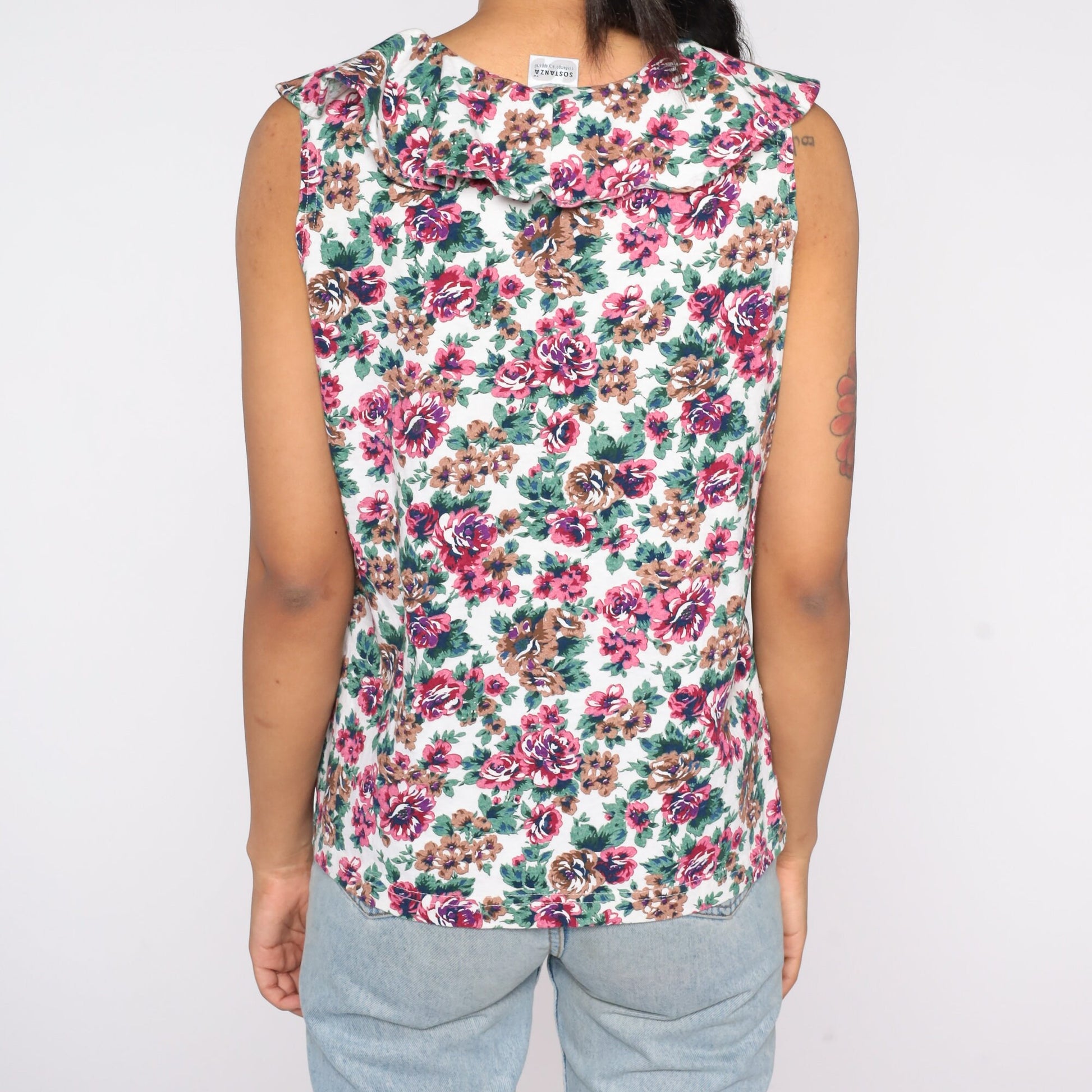 90s Floral Tank Top Ruffled Keyhole Sleeveless Blouse Medium M
