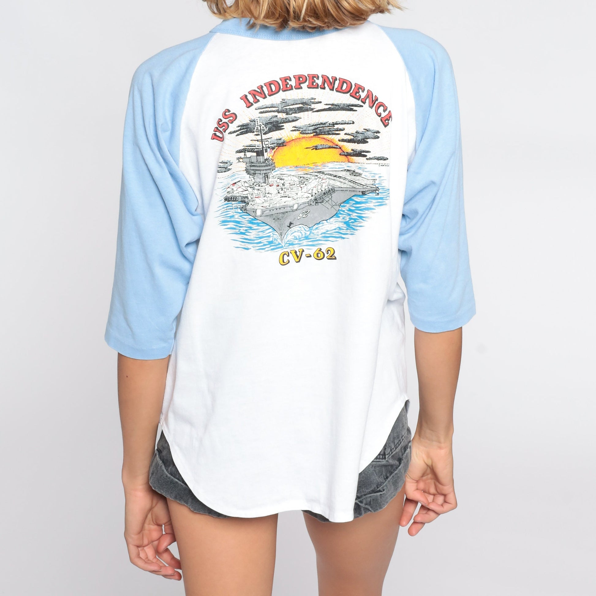 80s USS Independence CV-62 Navy Baseball Tee Baby Blue Graphic Large