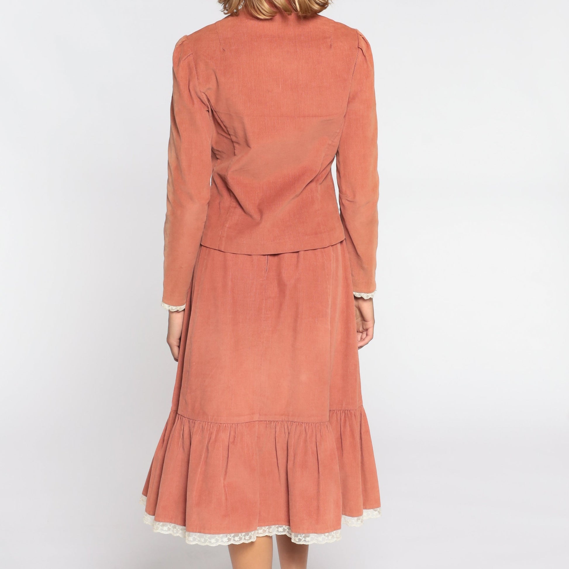 80s Corduroy Two Piece Set Brown Midi Skirt Puff Sleeve Blouse Small