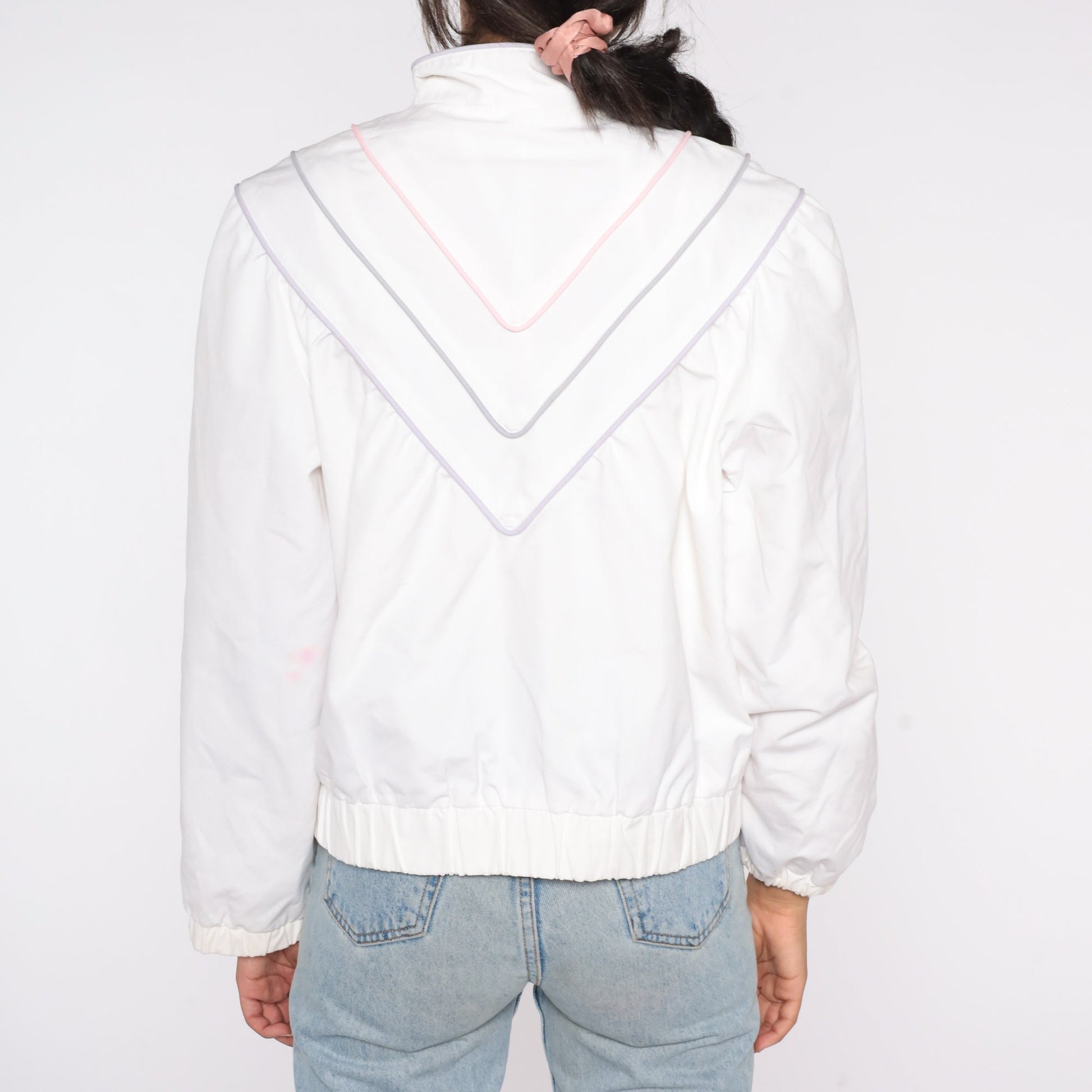 80s White Windbreaker Jacket Pastel Striped Snap-Up Small