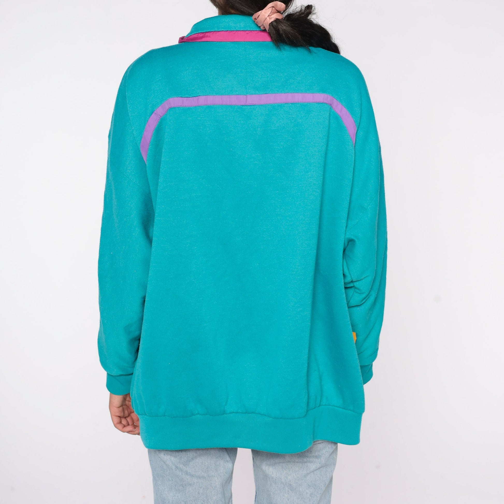 80s Teal Button-Up Sweatshirt Jacket Purple Yellow Pink Trim One Size