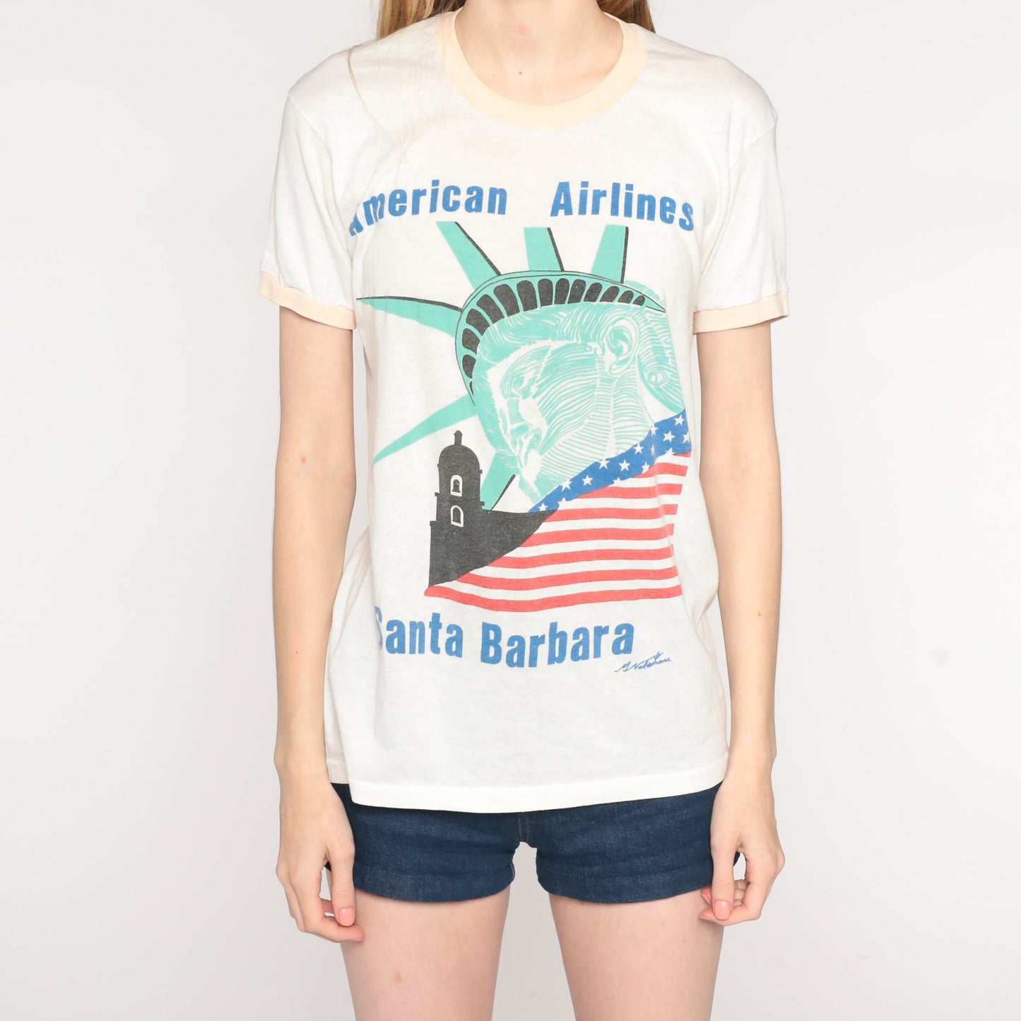 80s American Airlines Santa Barbara Statue of Liberty Graphic T-Shirt Cotton Medium