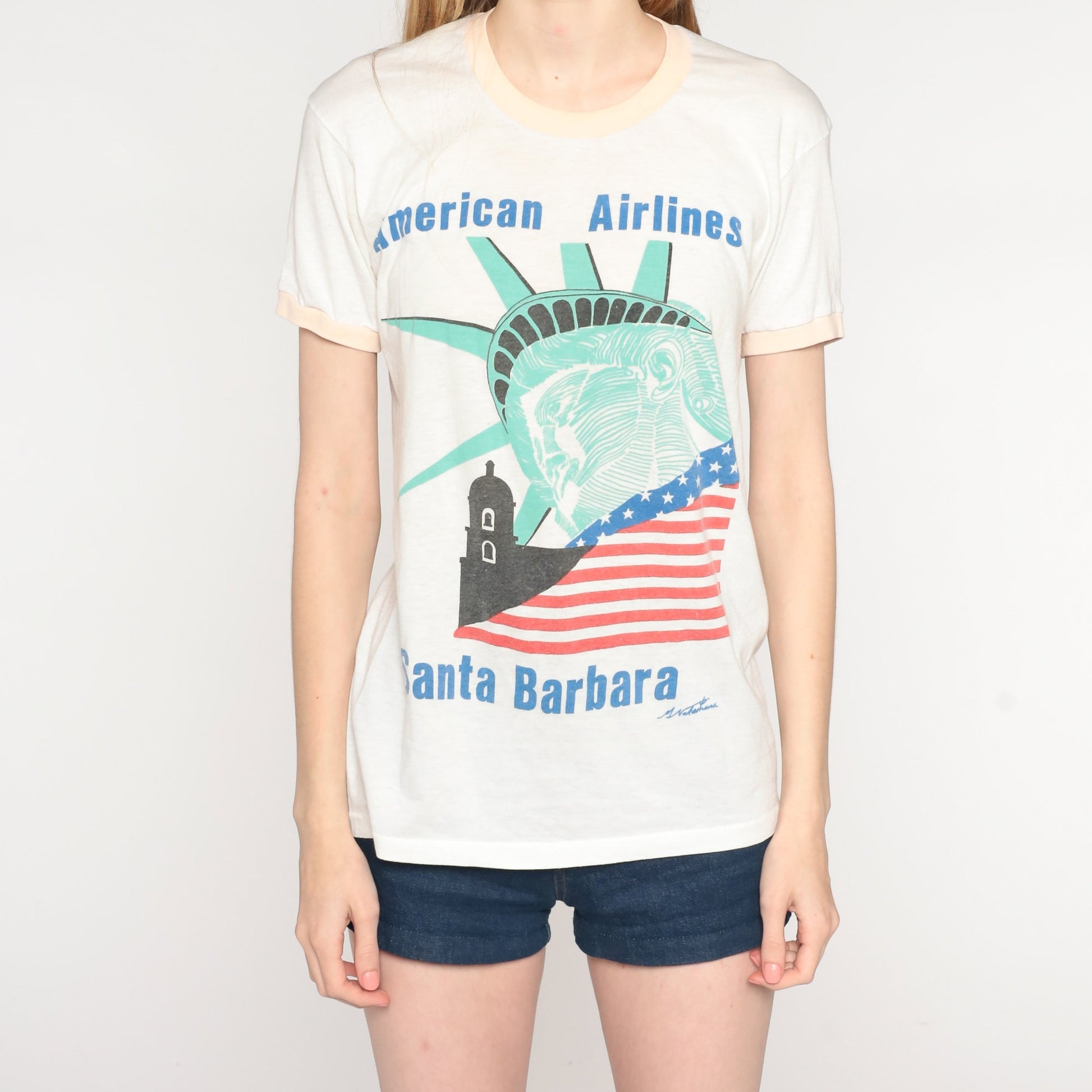 80s American Airlines Santa Barbara Statue of Liberty Graphic T-Shirt Cotton Medium