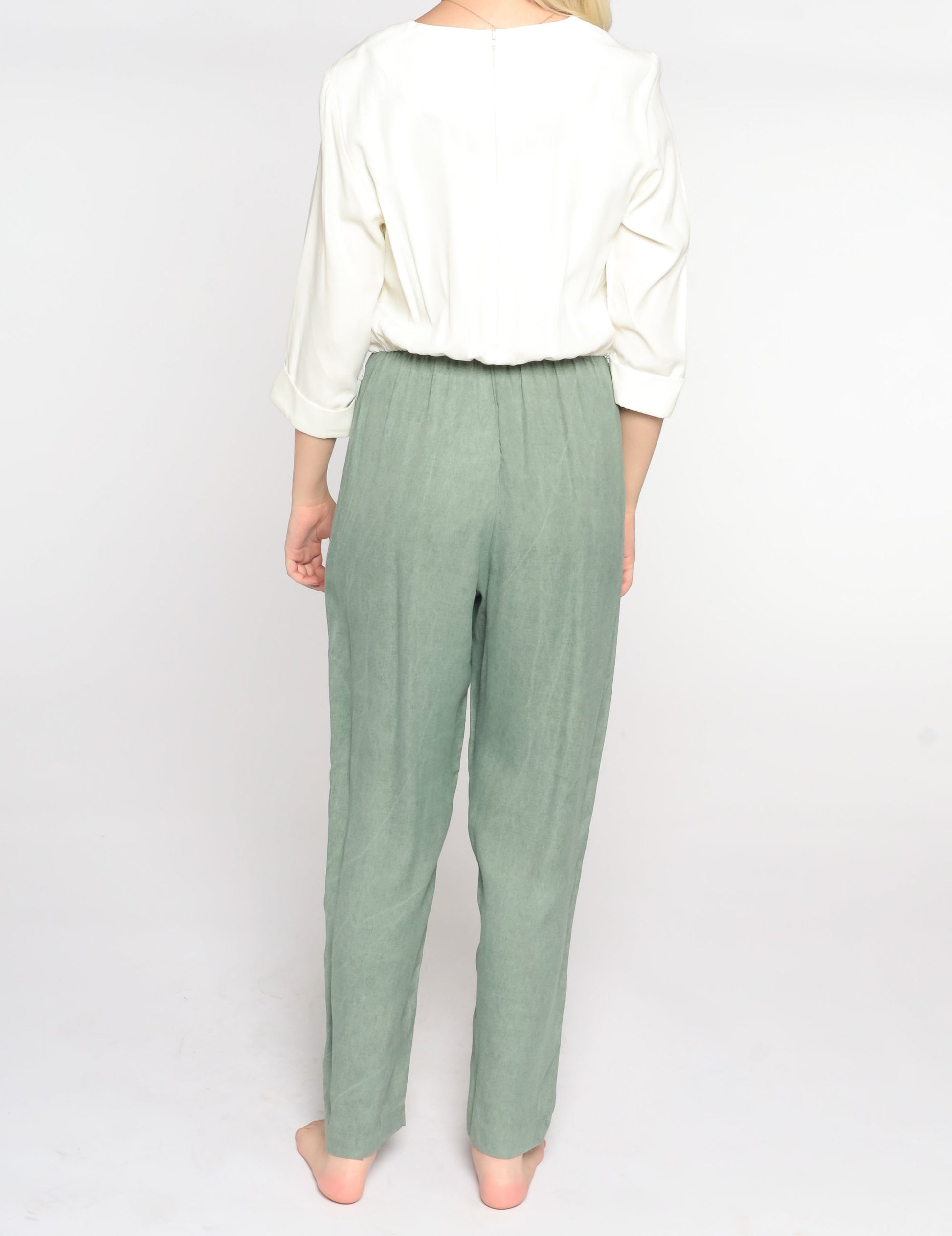 80s White Green Two-Tone Tapered Jumpsuit Acetate Rayon Medium M
