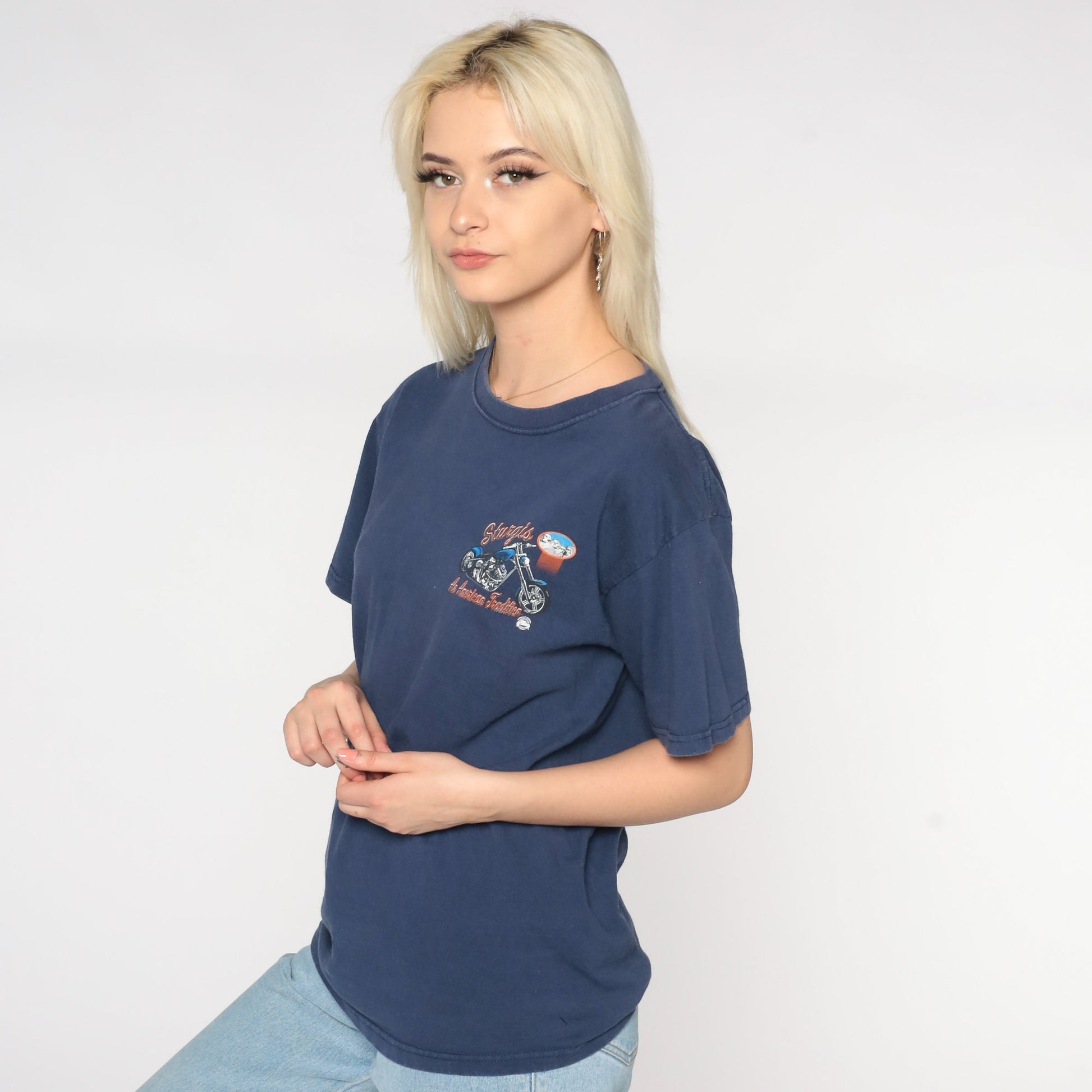 Y2K Sturgis Motorcycle Rally Graphic Tee Blue Cotton Small