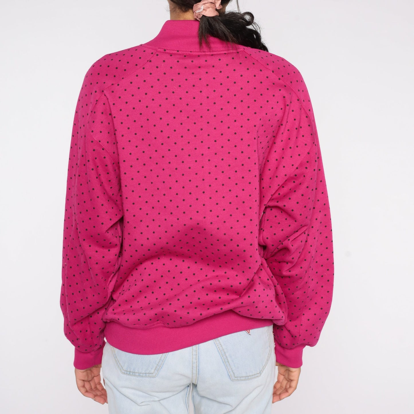 90s Pink Polka Dot Quarter Zip Sweatshirt Funnel Neck Pullover Large L