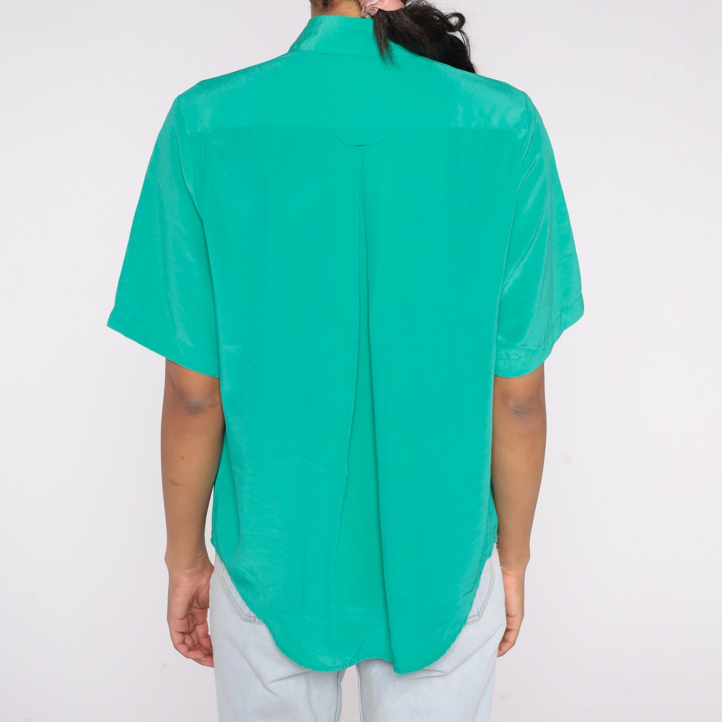 80s Green Polyester Button-Up Blouse Short Sleeve Collared Shirt Medium 8