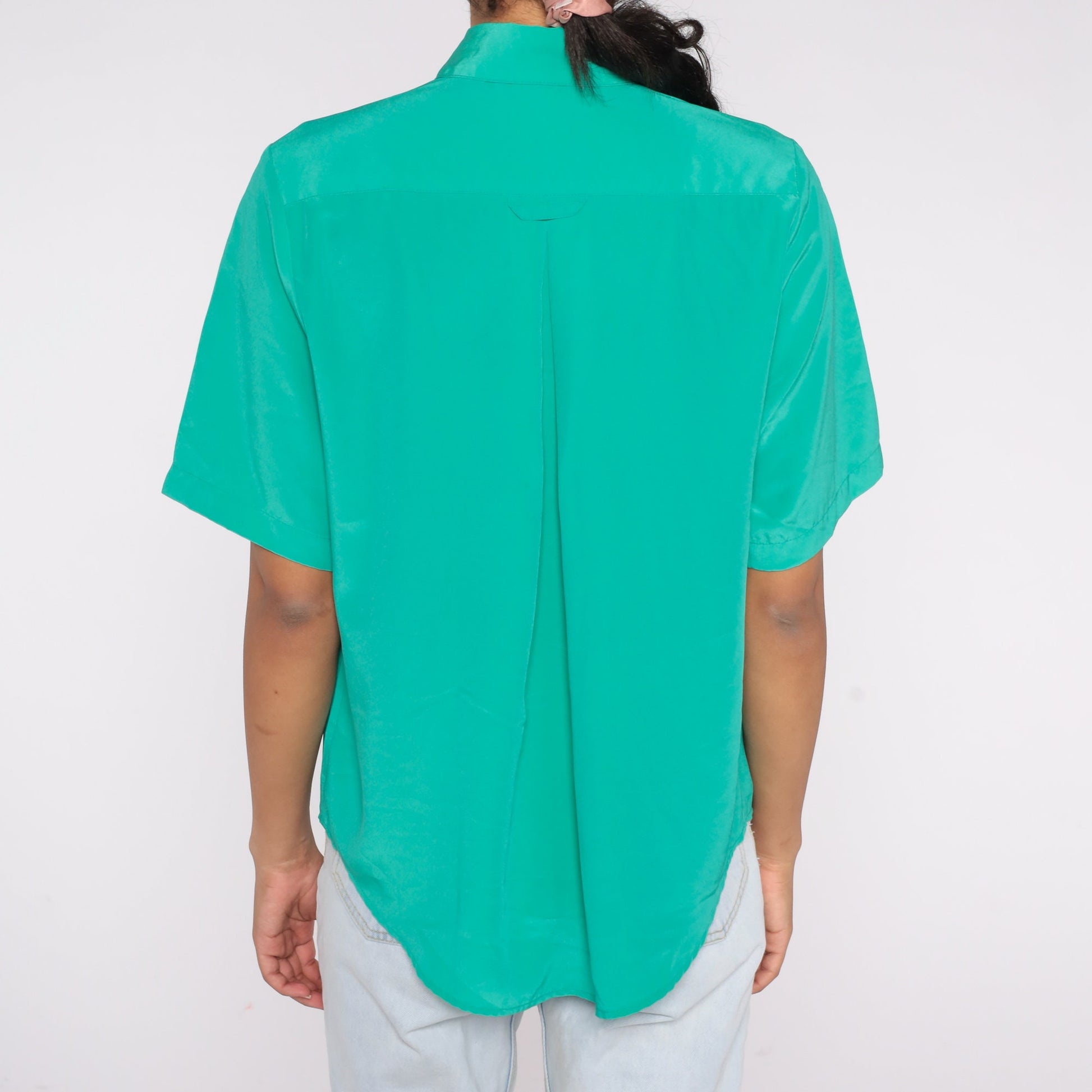 80s Green Polyester Button-Up Blouse Short Sleeve Collared Shirt Medium 8