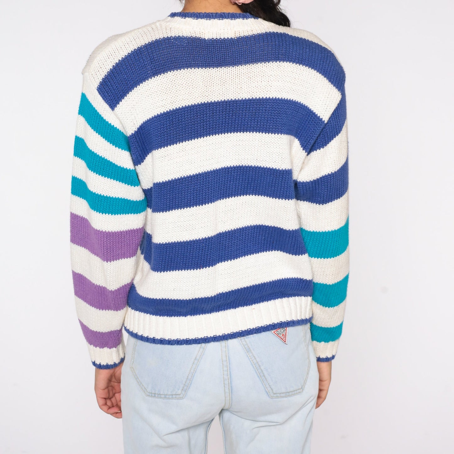 90s Striped Cardigan White Button-Up Sweater Green Blue Purple Petite Small