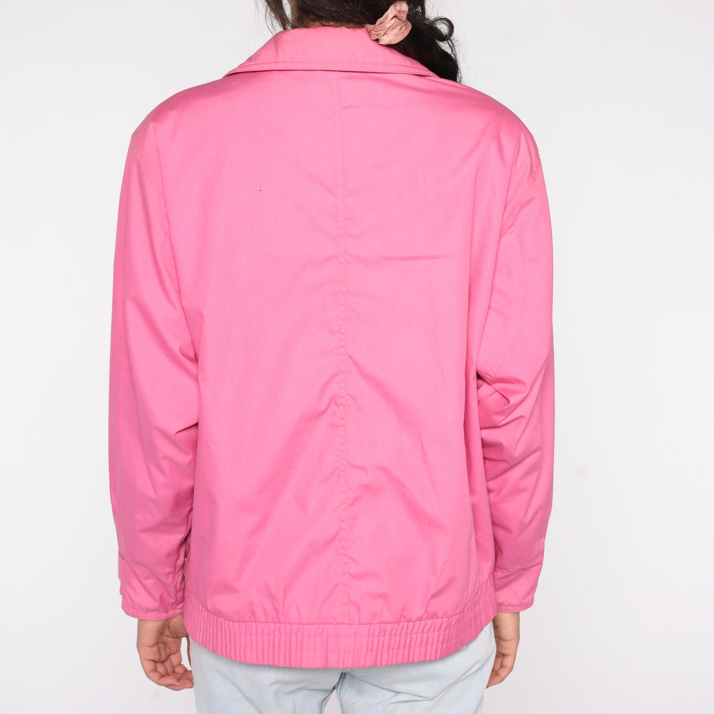 80s Bright Pink Windbreaker Jacket Snap Zip Front Spring Coat Large L
