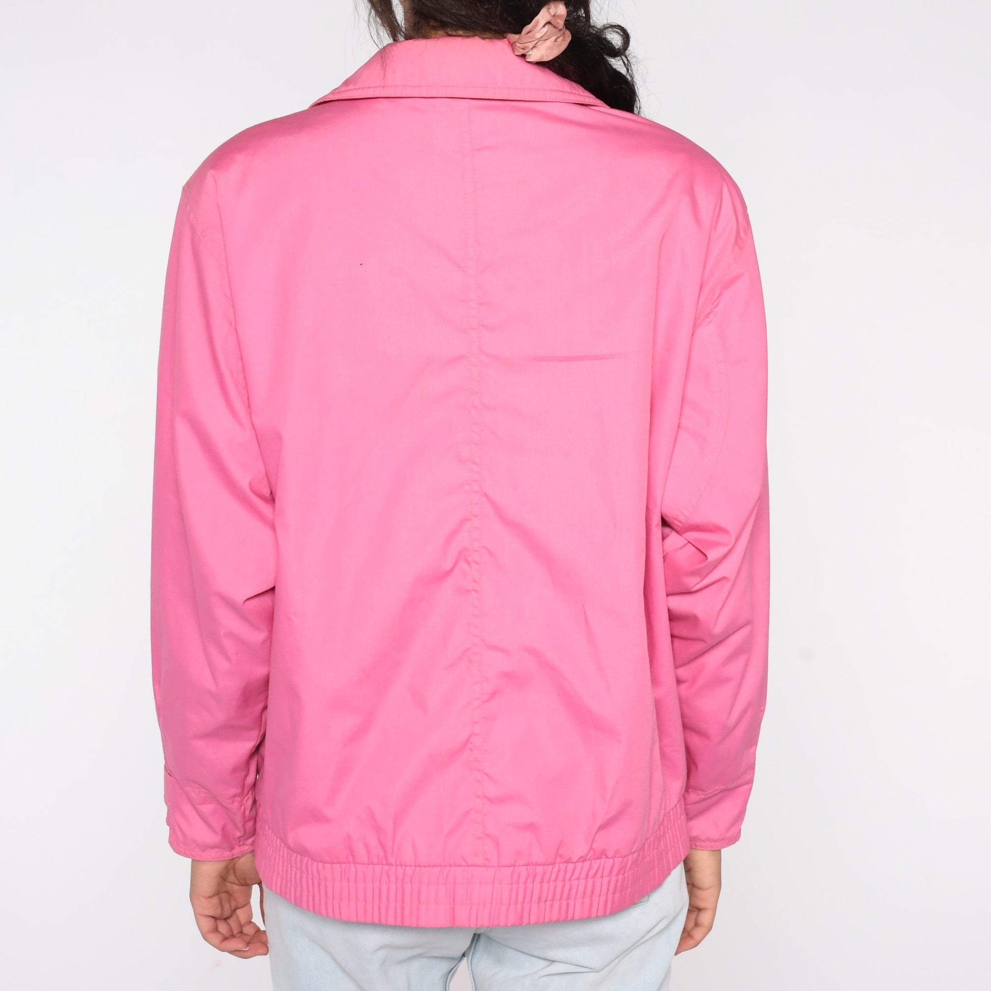 80s Bright Pink Windbreaker Jacket Snap Zip Front Spring Coat Large L