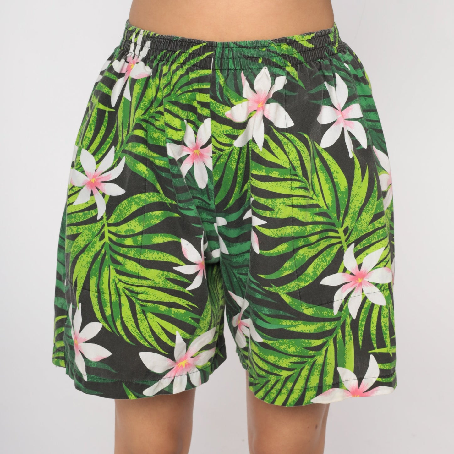 90s Tropical Leaf Floral Print Shorts High Waist Elastic Black Medium Large