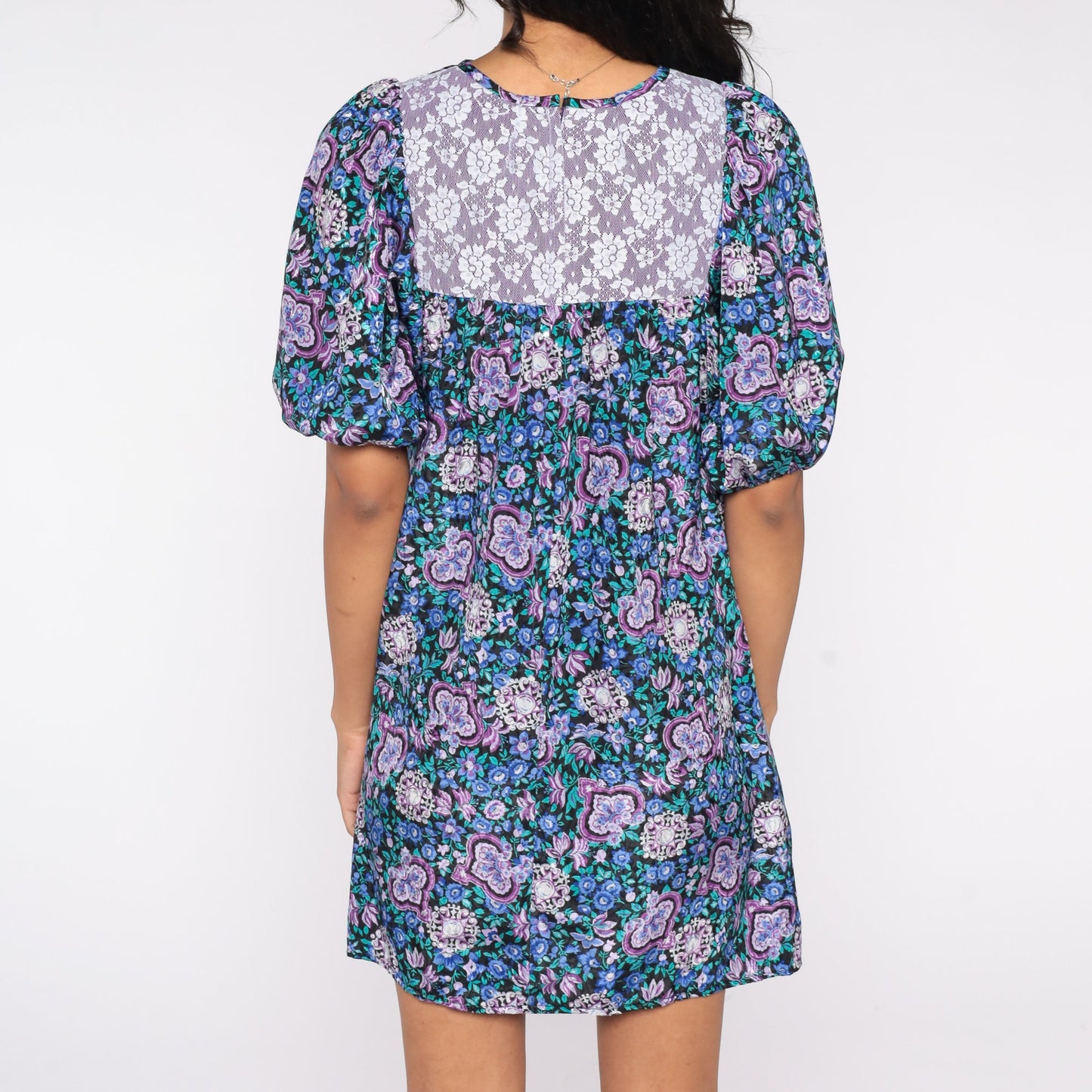80s Blue Floral Babydoll Mini Dress Lace Bib Balloon Sleeve Small