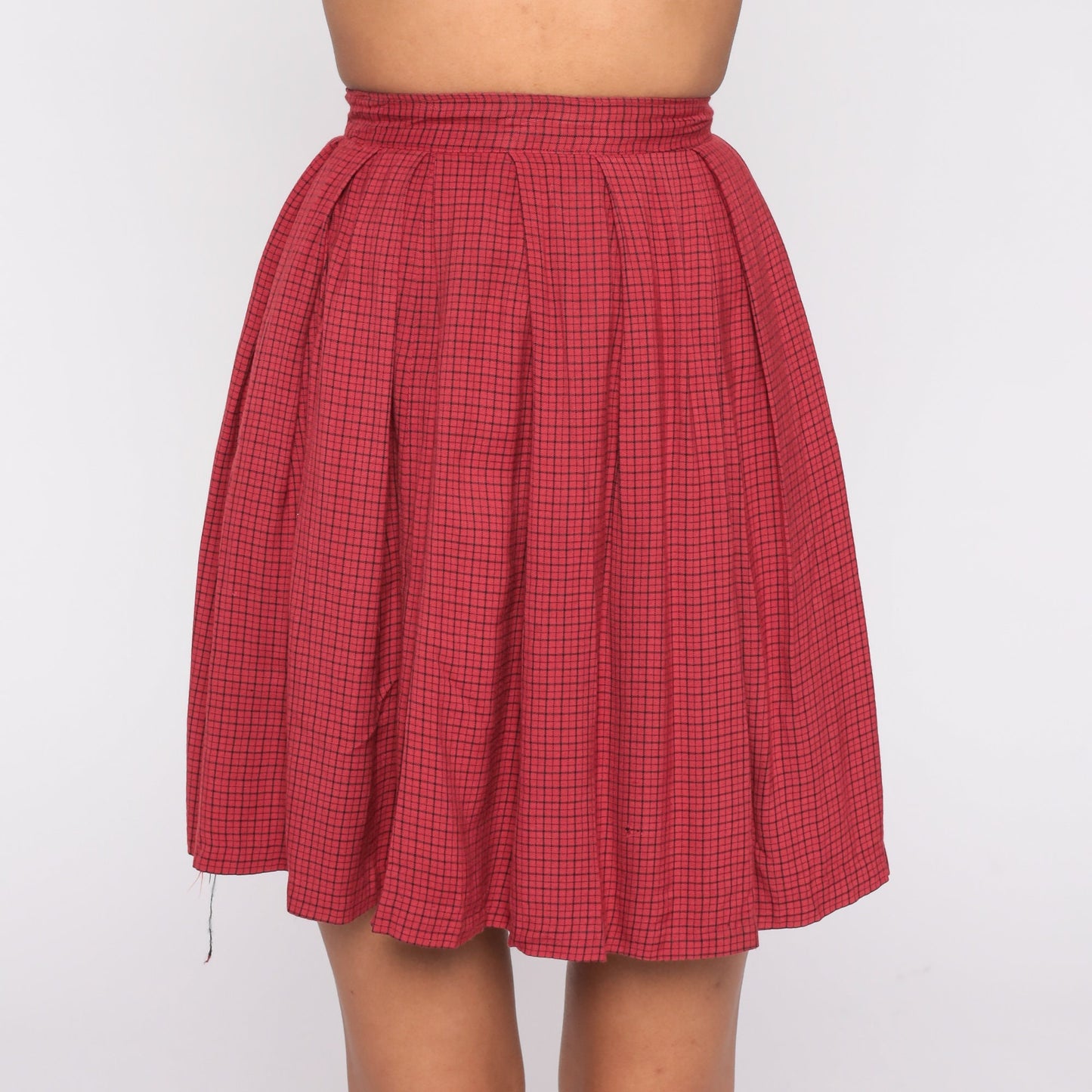 60s Red Checkered Pleated Mini Skirt High Waisted XXS