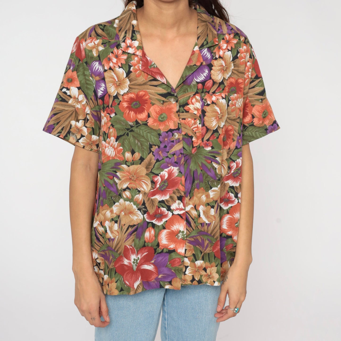 90s Tropical Floral Button-Up Blouse Multicolor Leaf Print Short Sleeve Extra Large