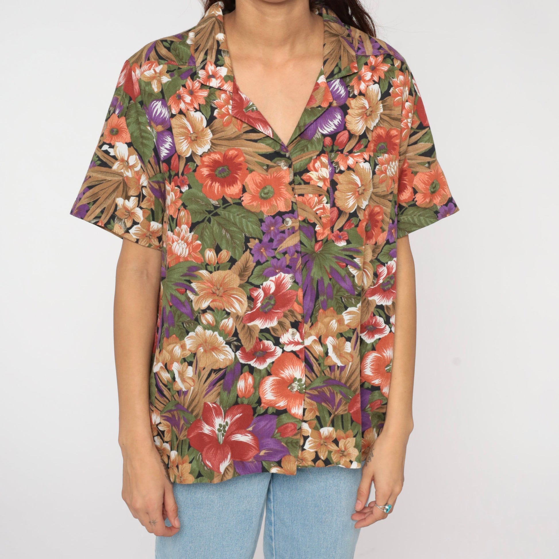 90s Tropical Floral Button-Up Blouse Multicolor Leaf Print Short Sleeve Extra Large