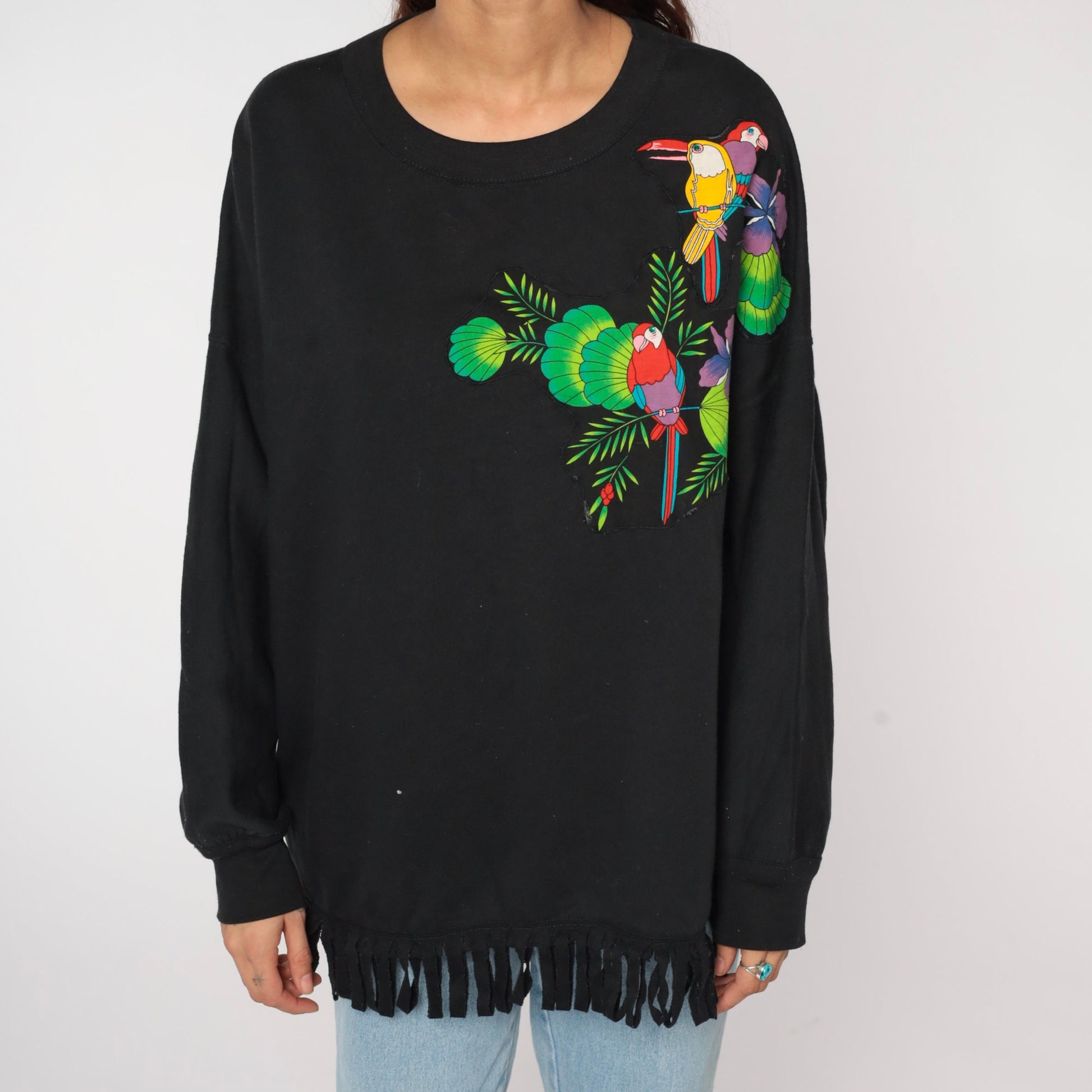 90s Tropical Bird Fringe Sweatshirt Black Graphic Parrot Crewneck Extra Large