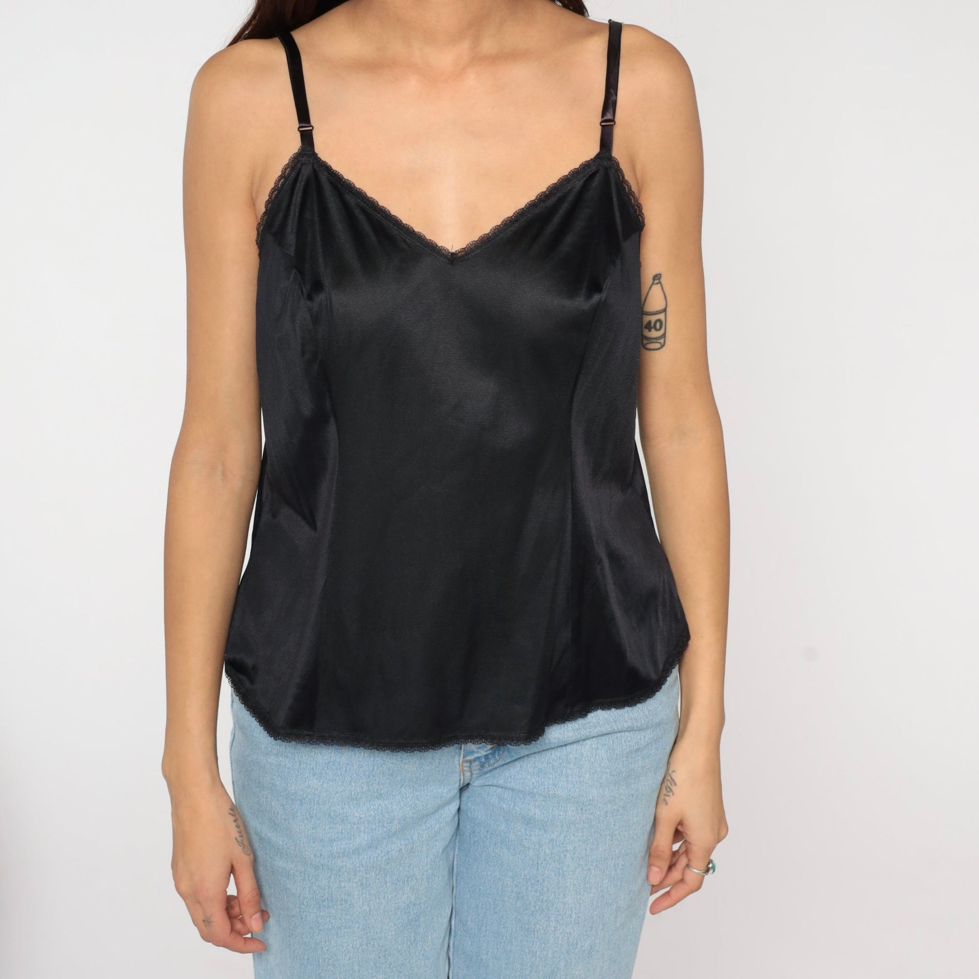 80s Black Nylon Camisole Spaghetti Strap Tank Top V-Neck Large