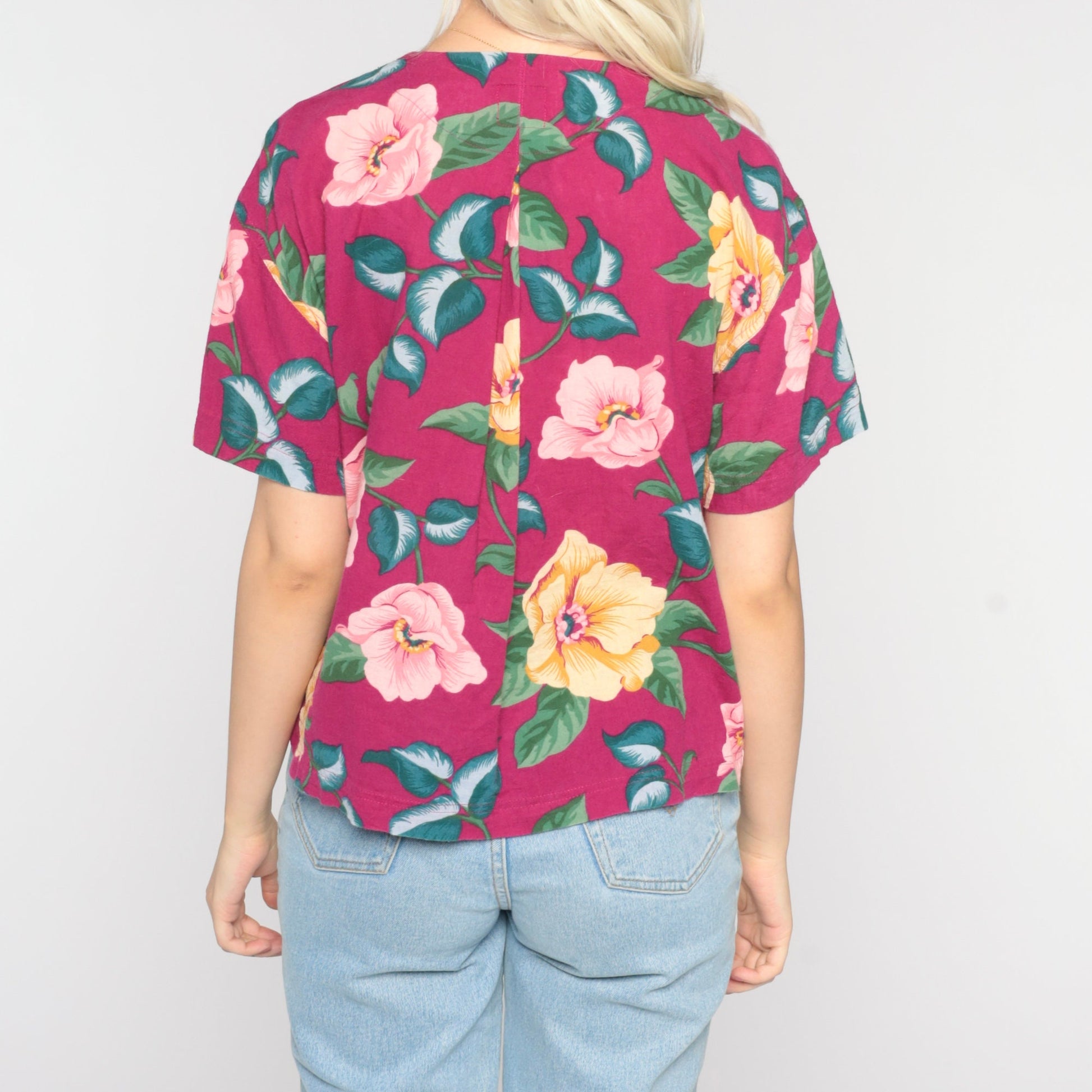 80s Liz Claiborne Floral Button-Up Blouse Dark Pink Cotton Small