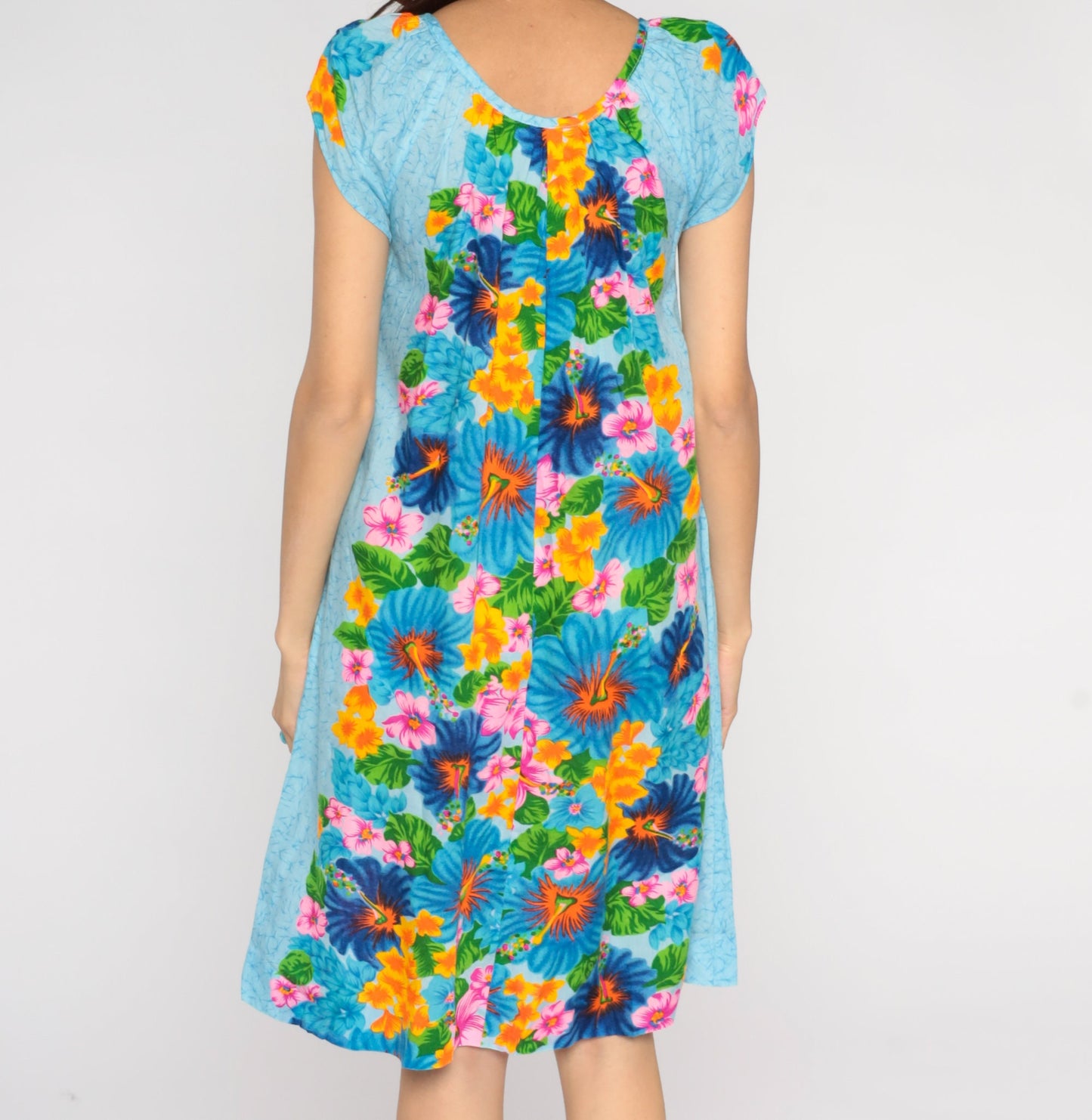 70s Hilo Hatties Hawaiian Shift Dress Blue Floral Tropical Tulip Sleeve Medium