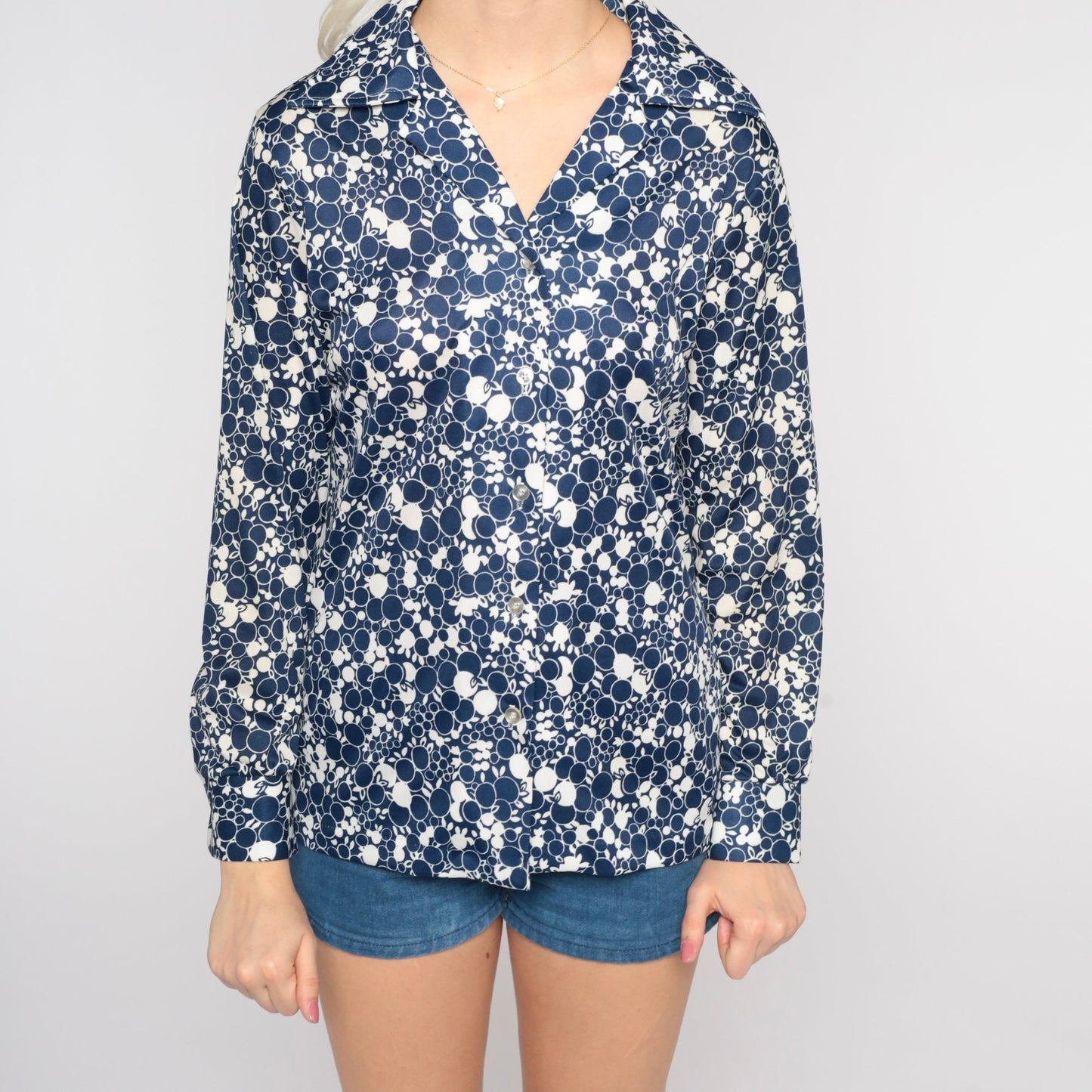 70s Blue Abstract Fruit Dot Print Button-Up Shirt Pointed Collar Long Sleeve Medium