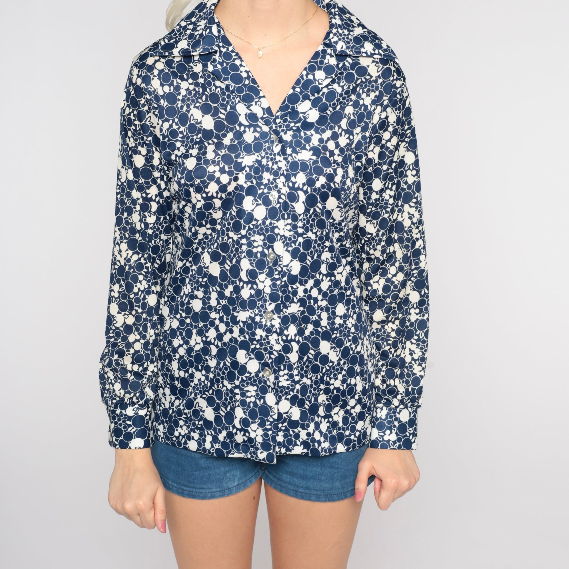 70s Blue Abstract Fruit Dot Print Button-Up Shirt Pointed Collar Long Sleeve Medium