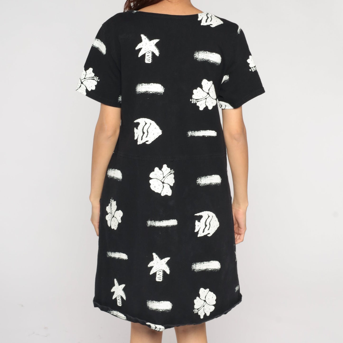 Y2K Black Tropical Fish Hibiscus Mini Shift Dress Short Sleeve Medium M