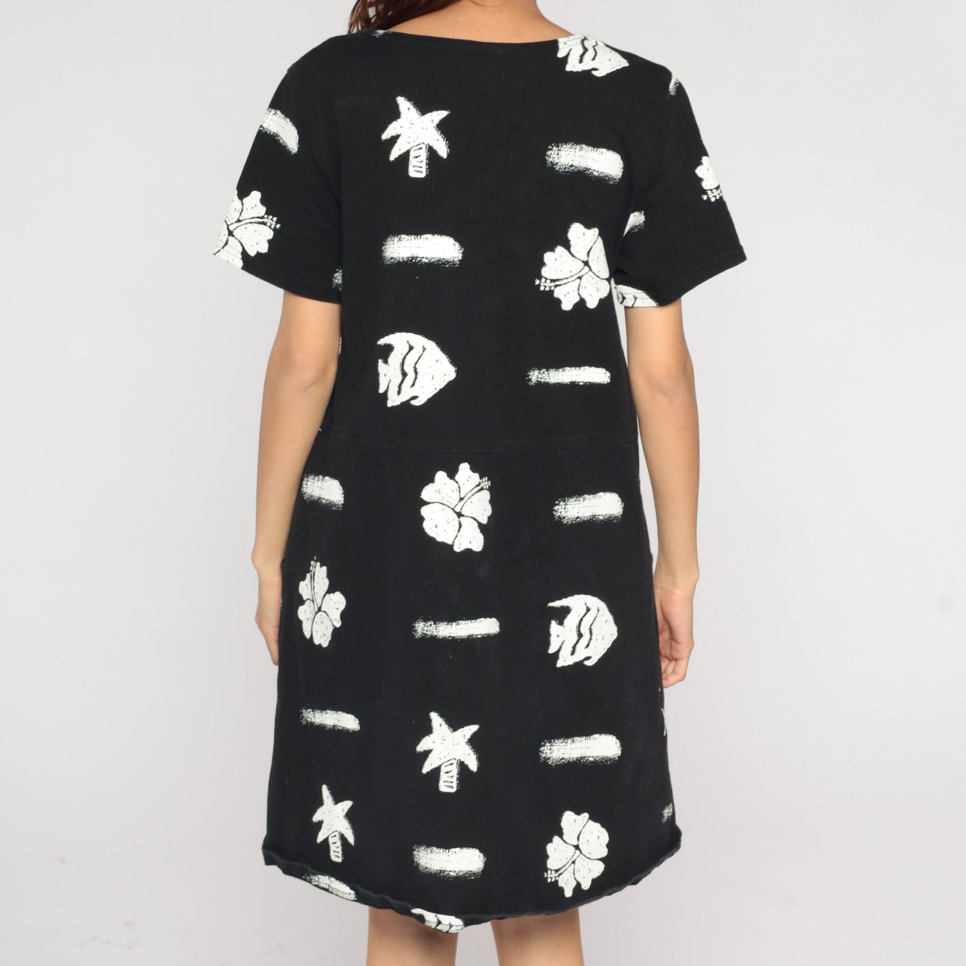 Y2K Black Tropical Fish Hibiscus Mini Shift Dress Short Sleeve Medium M
