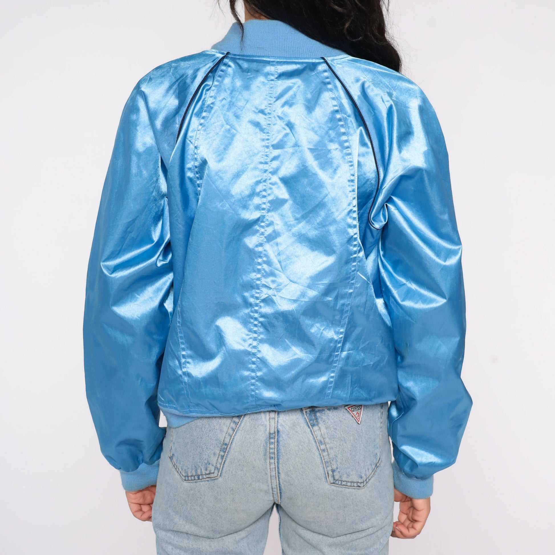 Y2K Los Angeles Baby Blue Satin Bomber Jacket Zip-Up Small S
