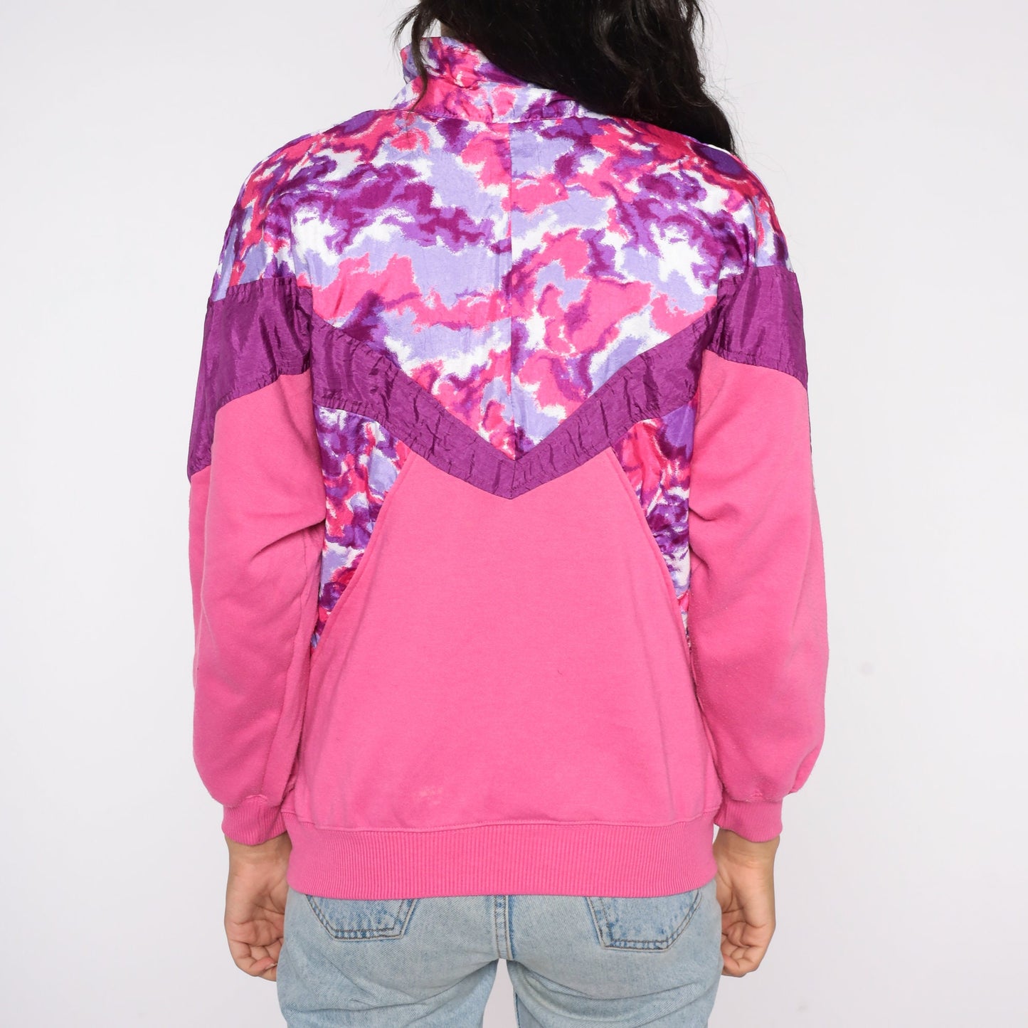90s Pink Floral Color Block Zip Windbreaker Sweatshirt Medium M