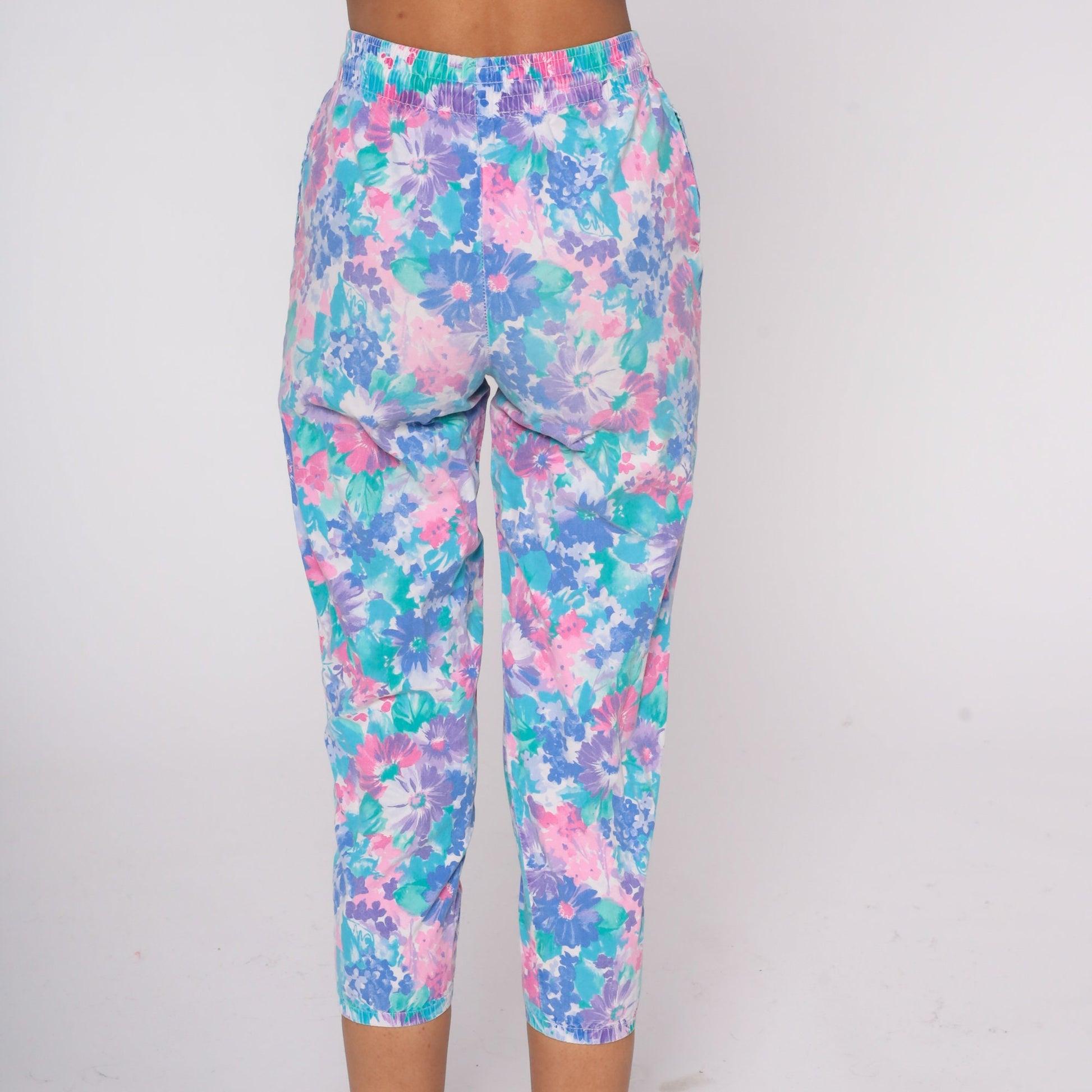 90s Floral Cropped Pants High Waist Elastic Cotton Lounge Capris Extra Small